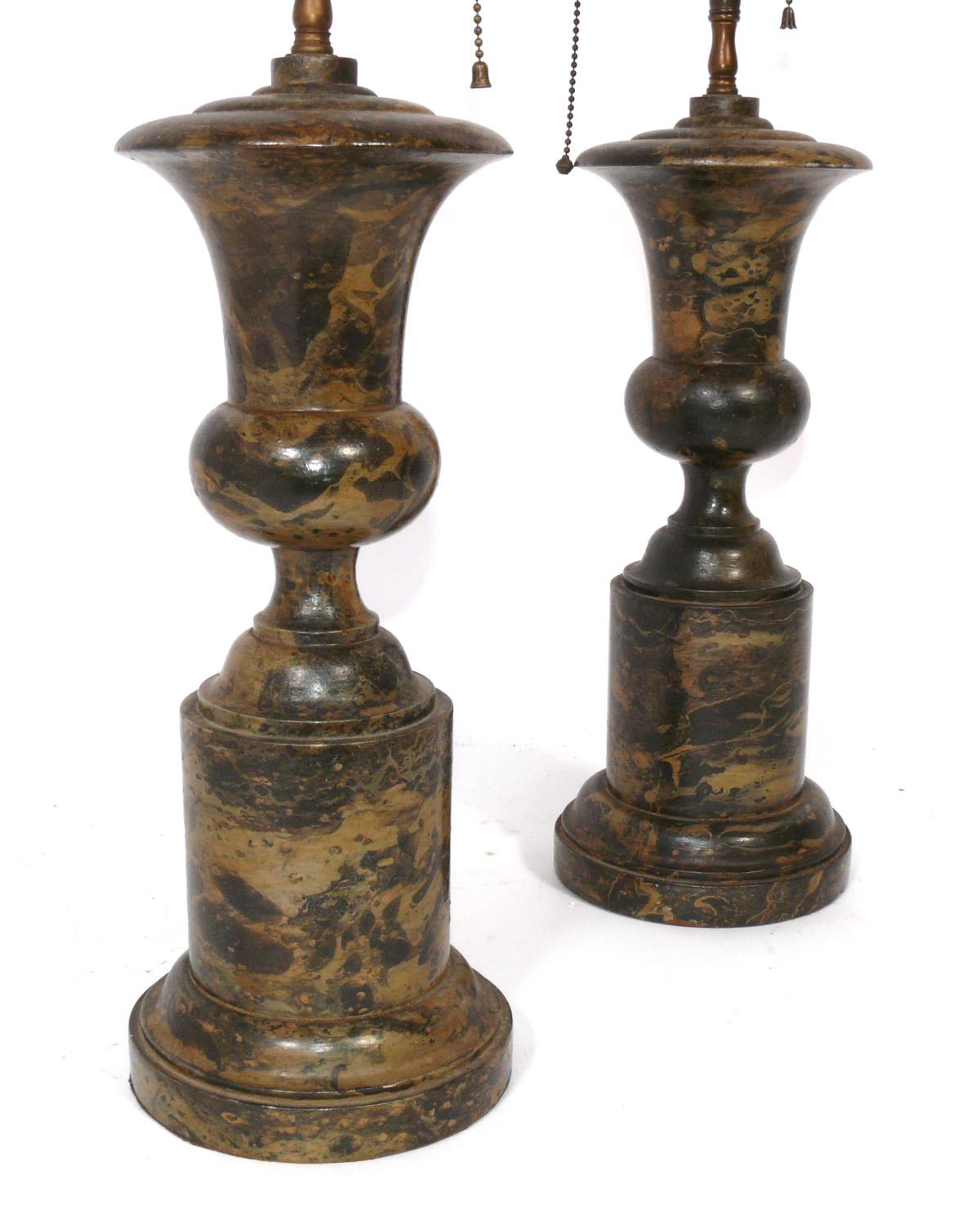 Neoclassical Faux Marble Hand Painted Wood Urn Lamps, circa 1940s For Sale