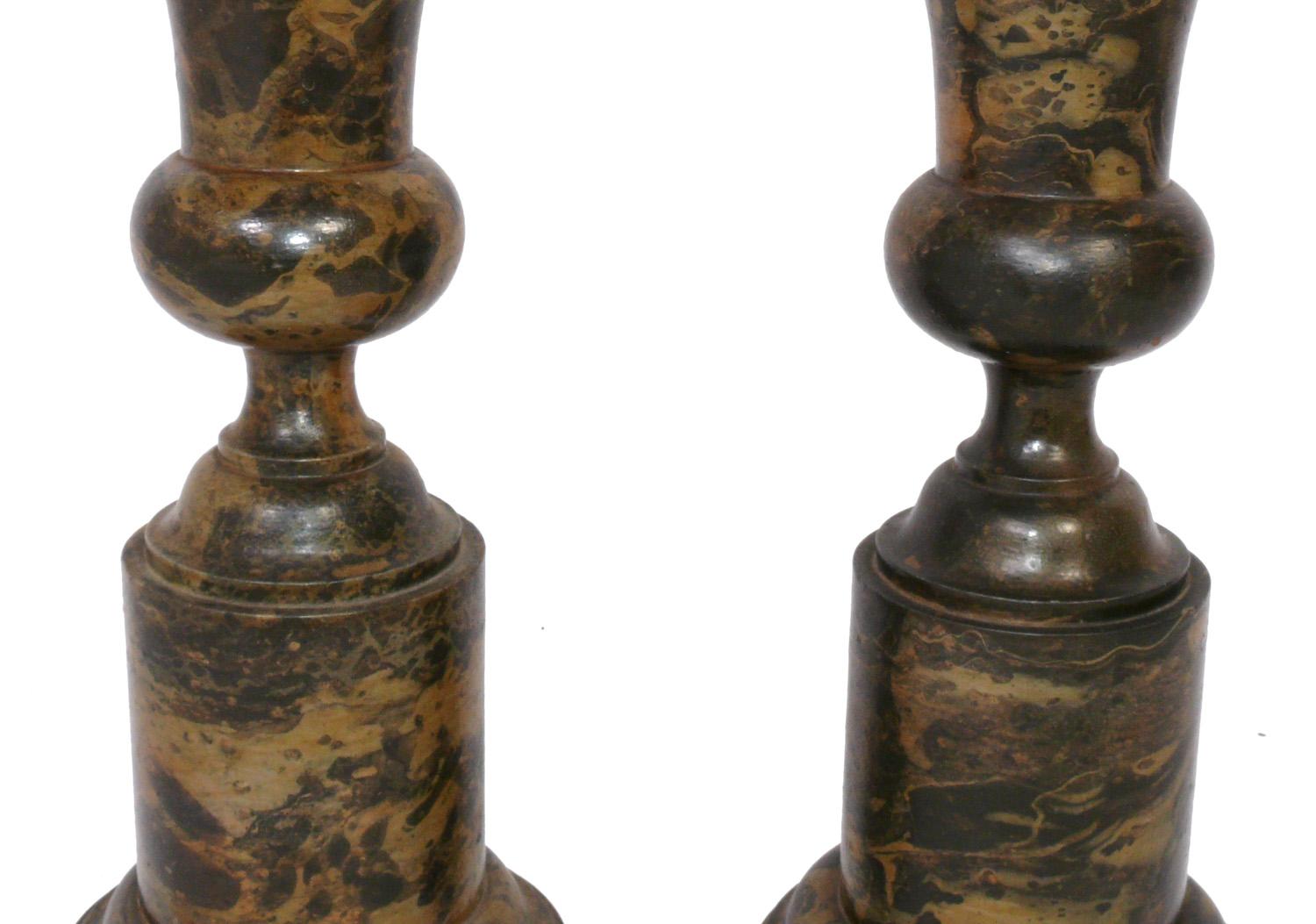 American Faux Marble Hand Painted Wood Urn Lamps, circa 1940s For Sale