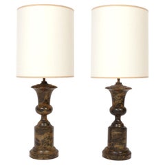 Faux Marble Hand Painted Wood Urn Lamps, circa 1940s