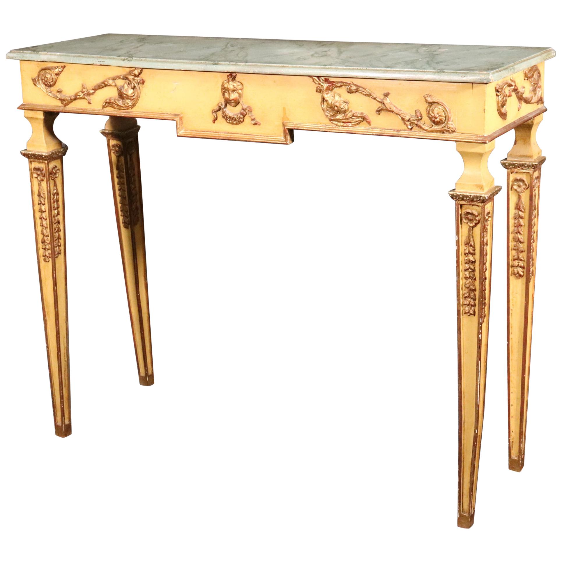 Faux Marble Paint Decorated French Regency Console Table in Creme Paint and Gilt For Sale