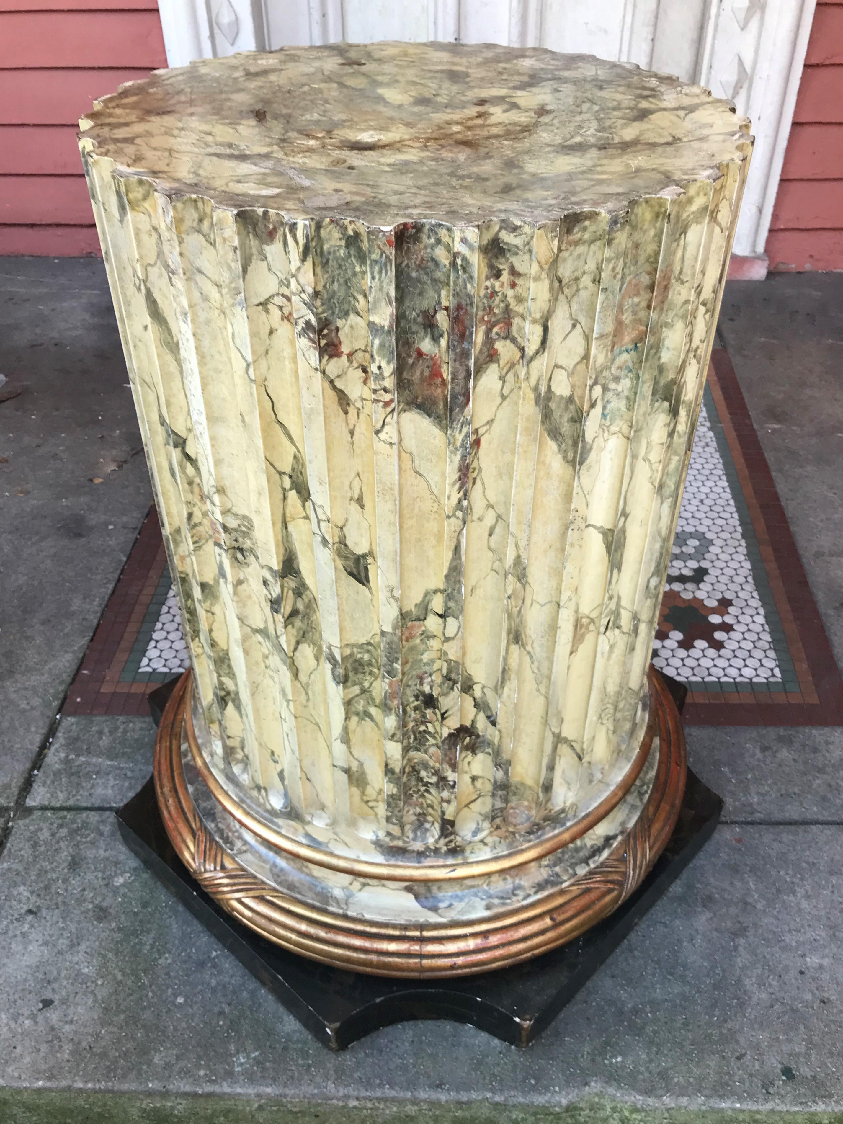 Faux Marble  Carved and Fluted Column Shaft Wood Table or Pedestal In Fair Condition For Sale In Nashville, TN