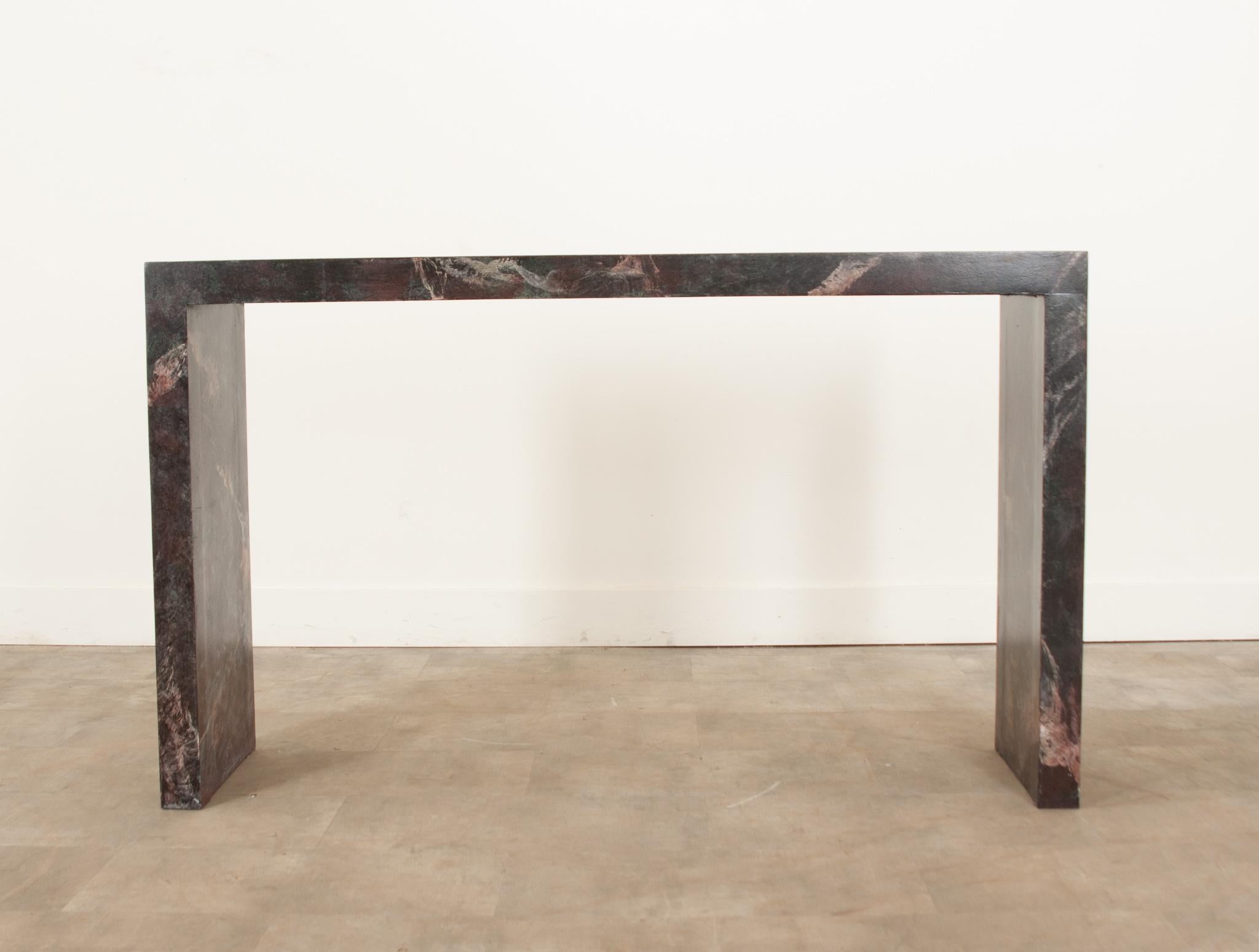 French Faux Marble Parsons Style Console Table For Sale