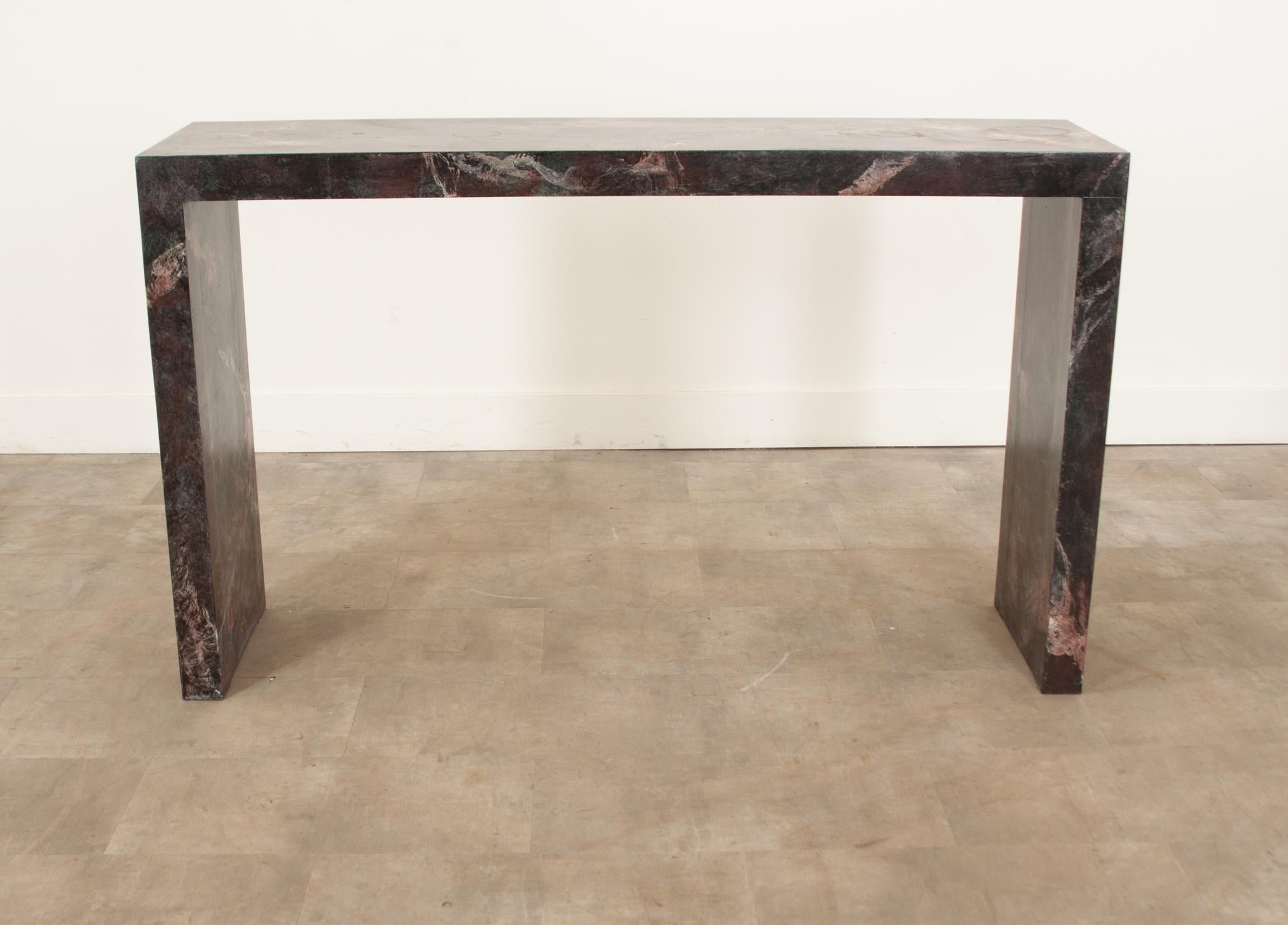 Hand-Carved Faux Marble Parsons Style Console Table For Sale