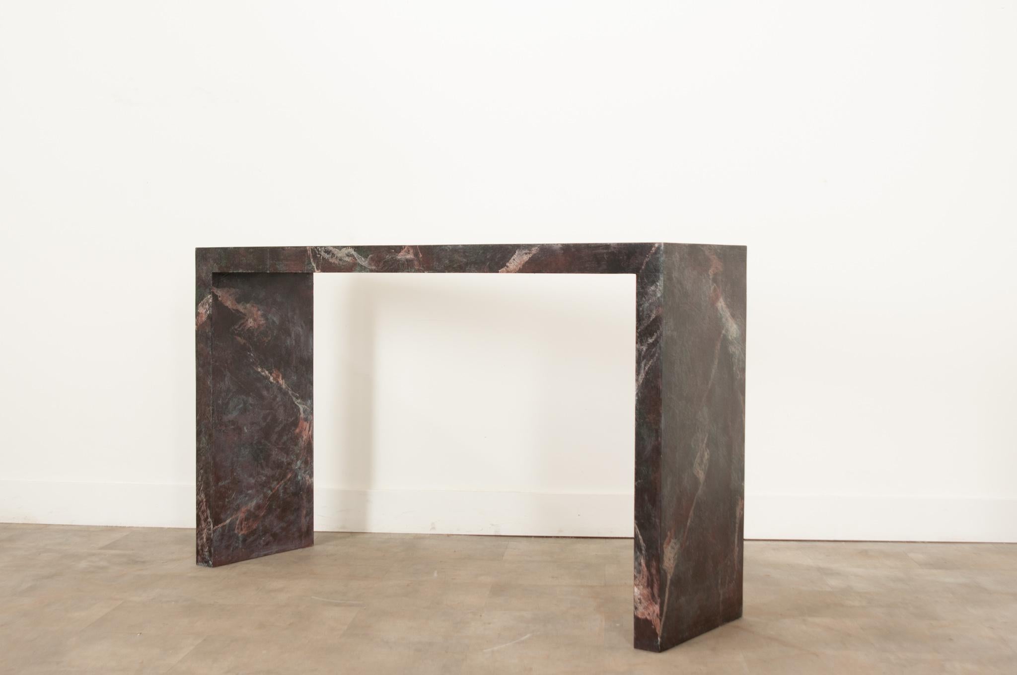 Faux Marble Parsons Style Console Table For Sale 1
