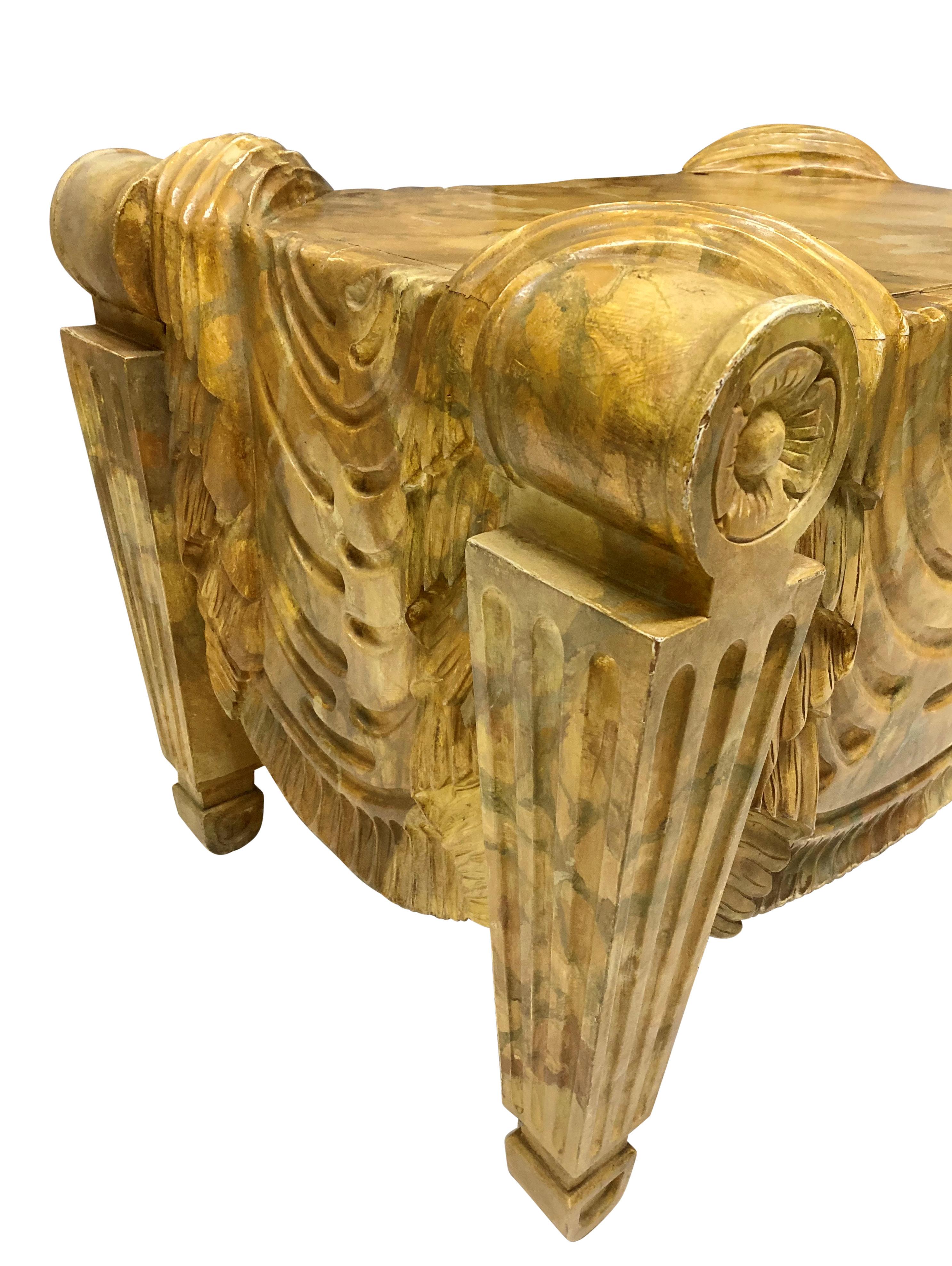 A finely carved and faux Sienna marble mahogany stool after Charles Heathcote Tatham. Of good weight and solid construction.

The design is derived from C. H. Tatham's Etchings Representing the Best Examples of Ancient Ornamental Architecture Drawn