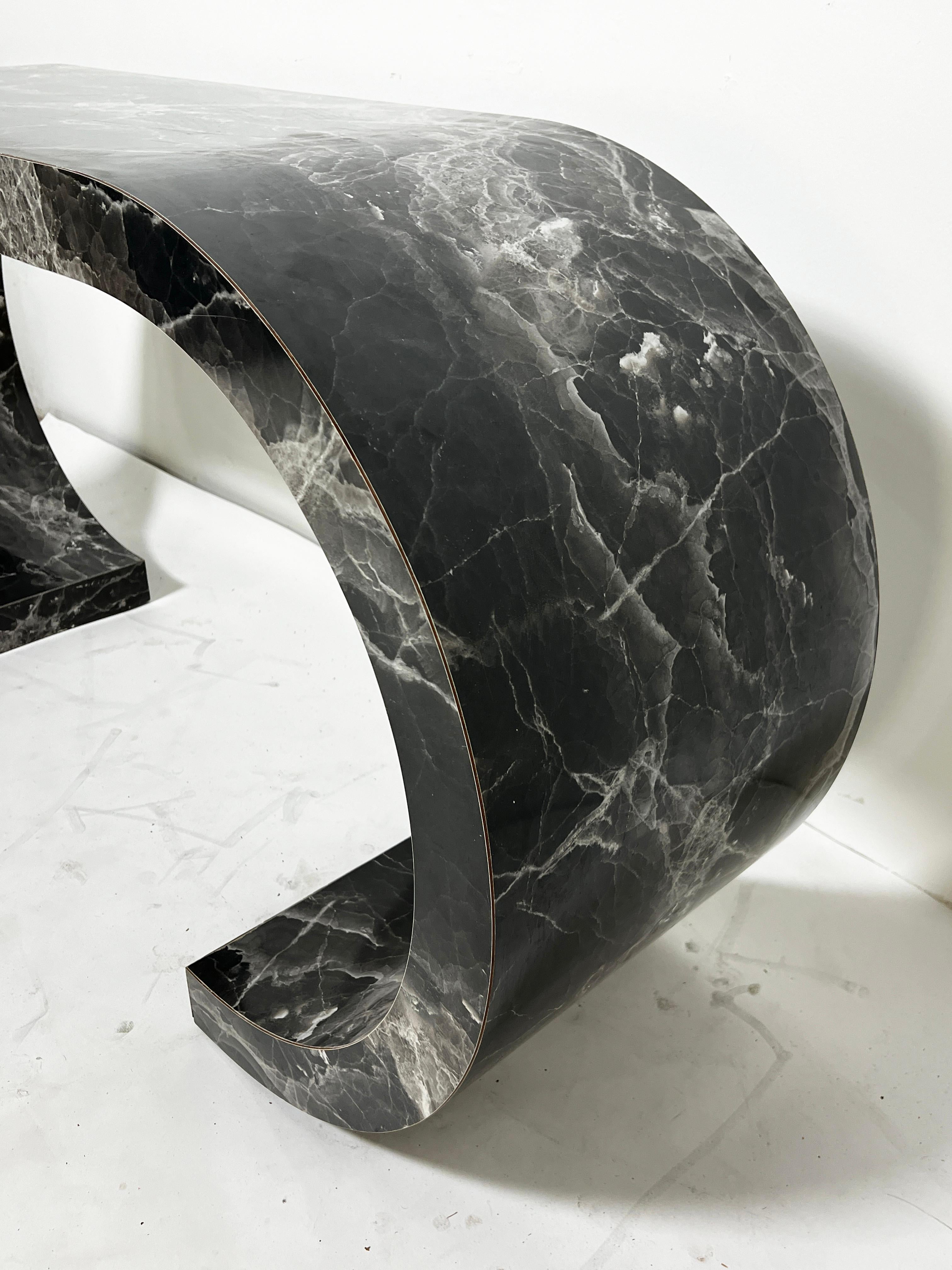 Mid-Century Modern Faux Marble Waterfall Scroll Form Console Table Circa 1970s For Sale
