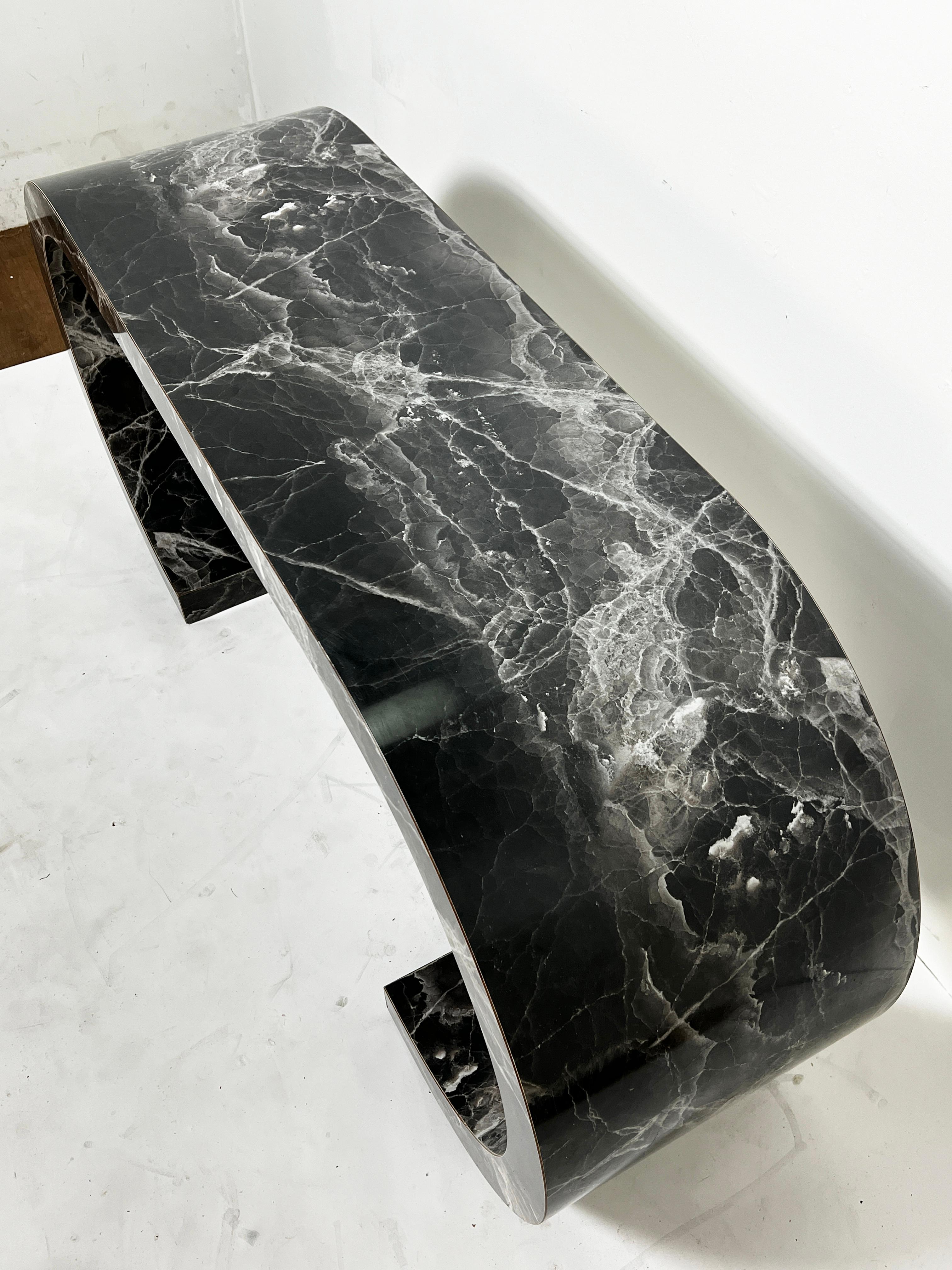 American Faux Marble Waterfall Scroll Form Console Table Circa 1970s For Sale