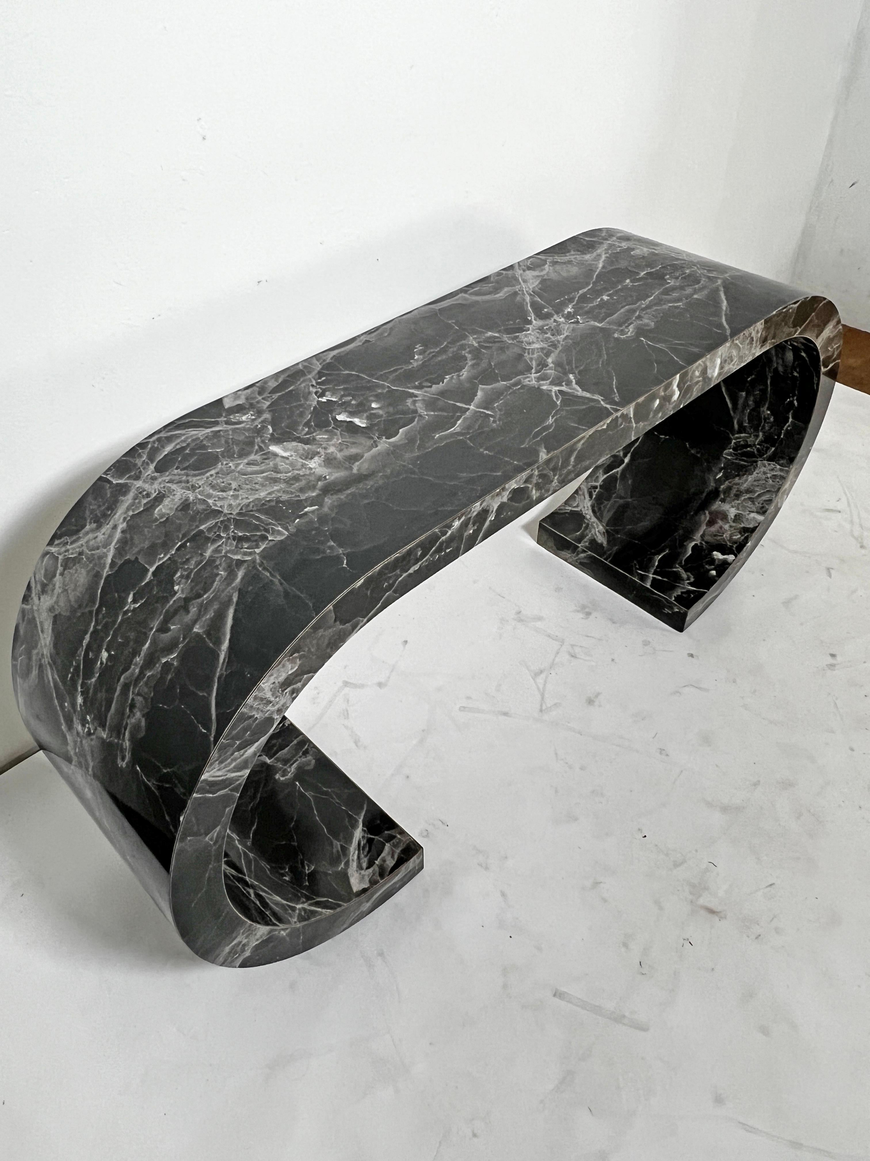 Late 20th Century Faux Marble Waterfall Scroll Form Console Table Circa 1970s For Sale