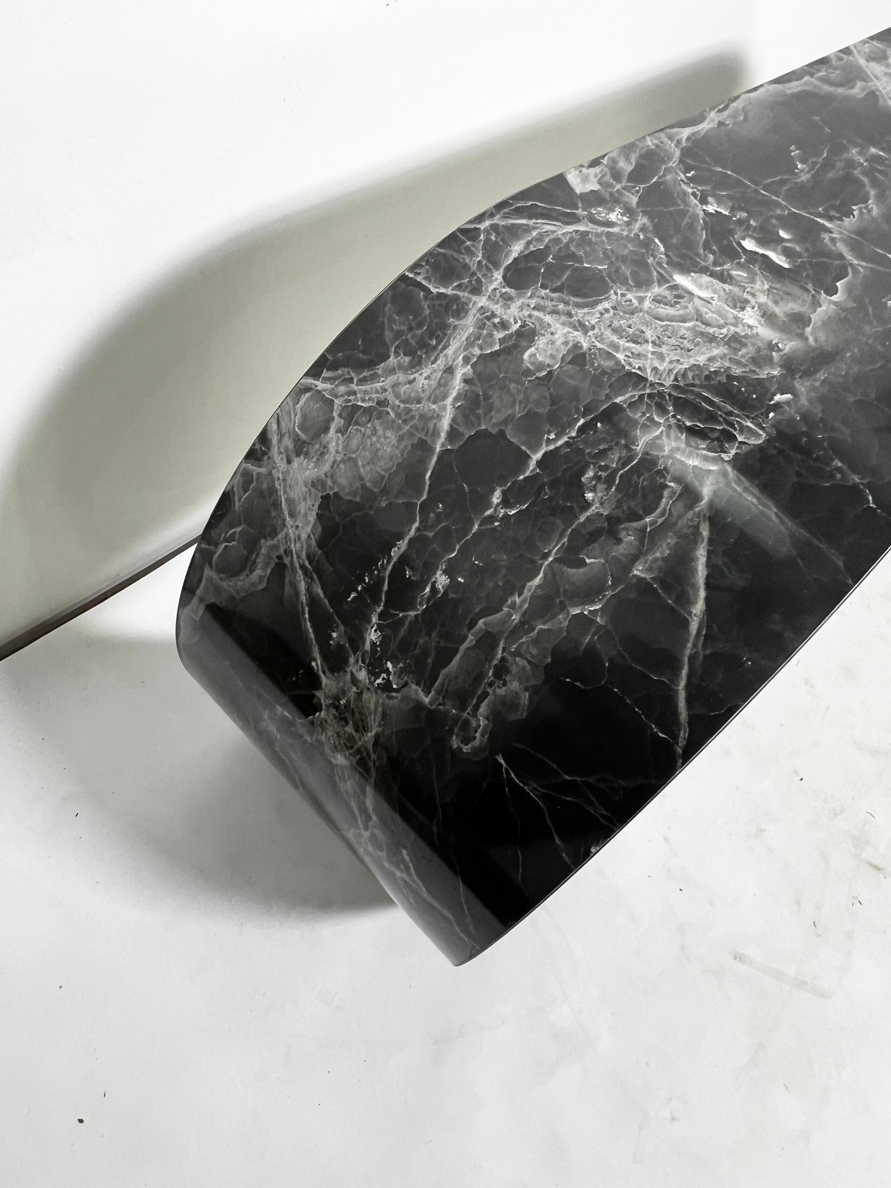 Laminate Faux Marble Waterfall Scroll Form Console Table Circa 1970s For Sale