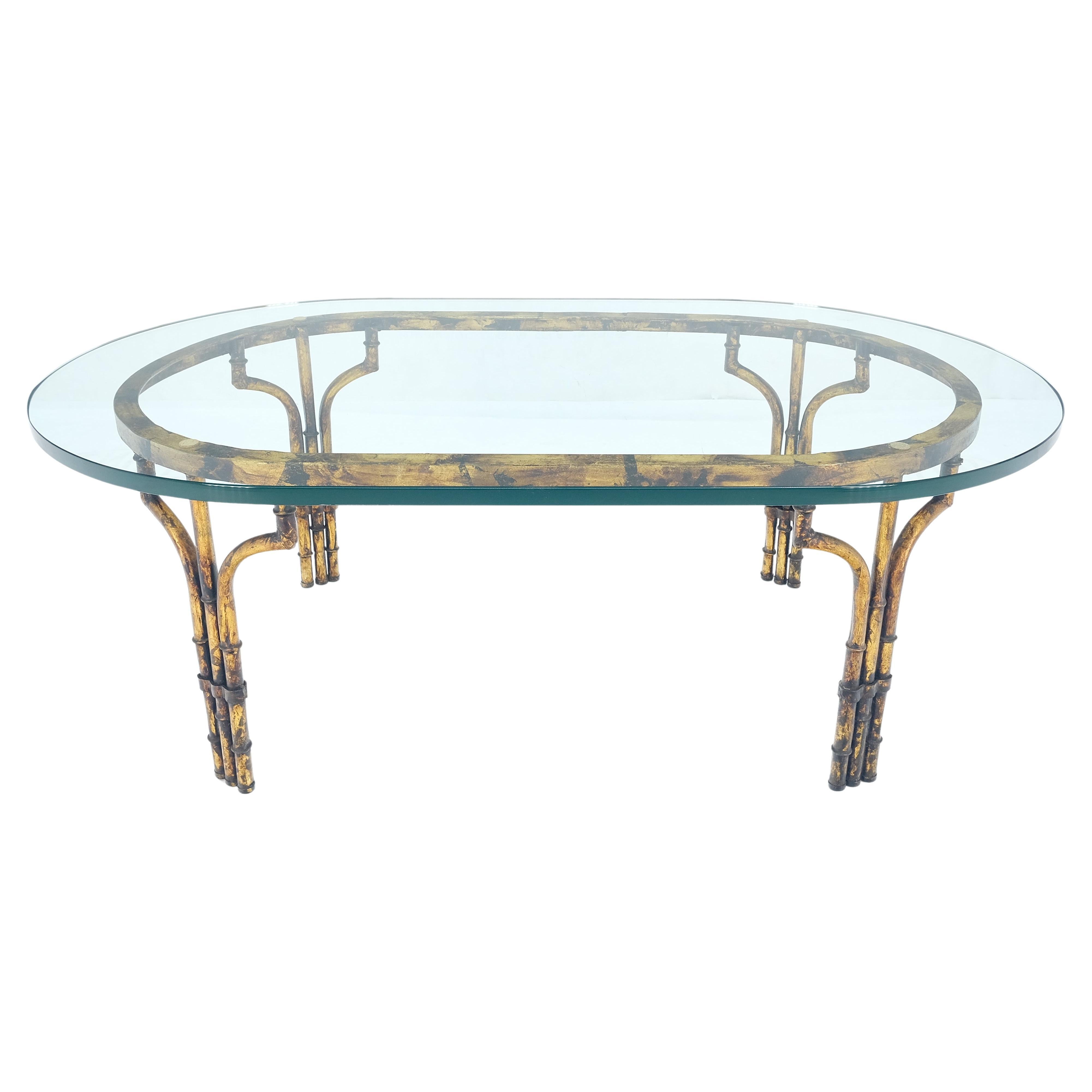 Faux Metal Bamboo Base Racetrack Oval 3/4" Thick Glass Top Coffee Table MINT! For Sale