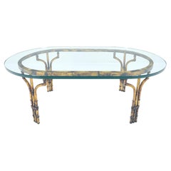 Vintage Faux Metal Bamboo Base Racetrack Oval 3/4" Thick Glass Top Coffee Table MINT!