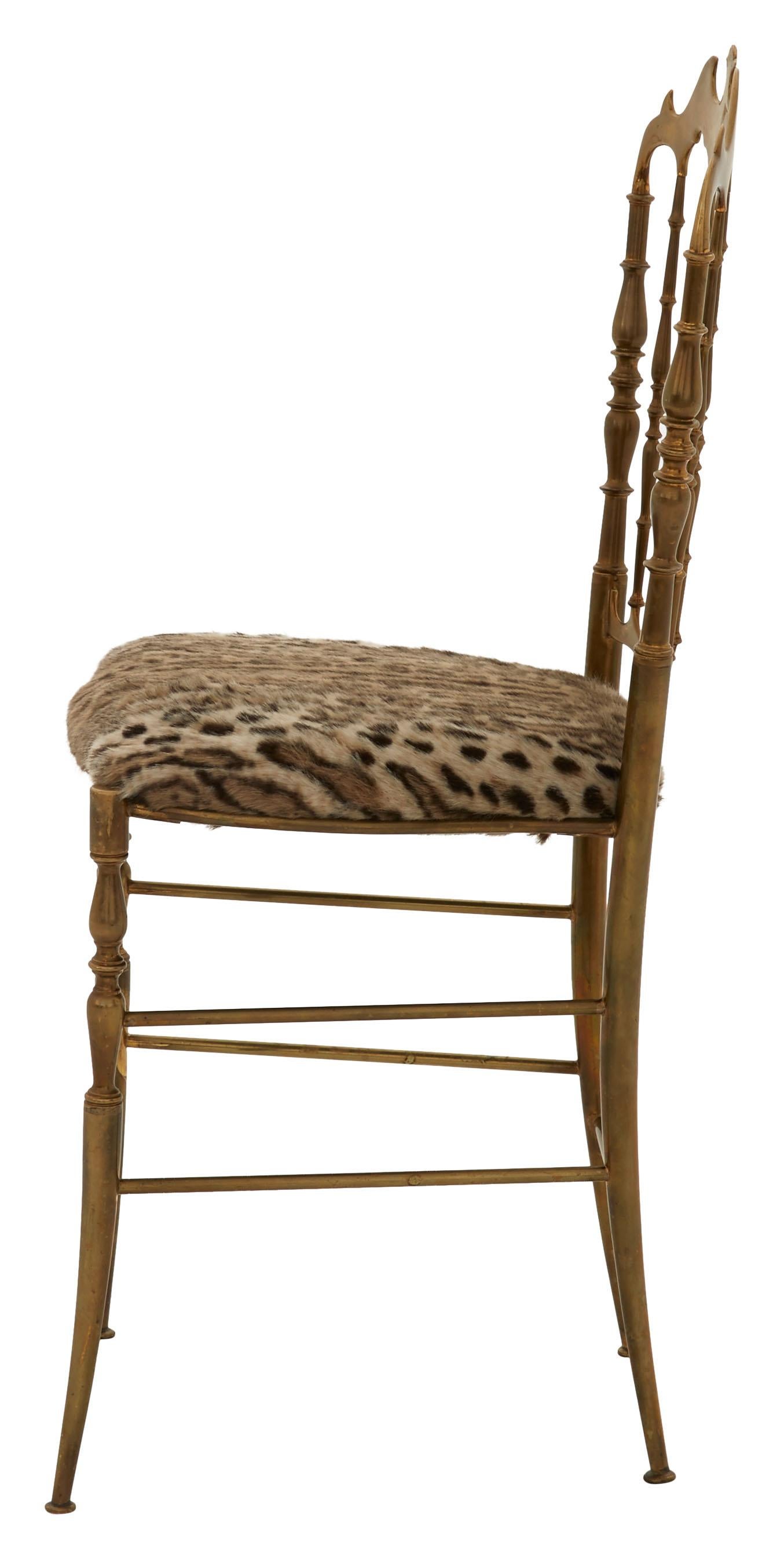 Mid-Century Modern Faux Ocelot Seat Brass Chiavari Chair
