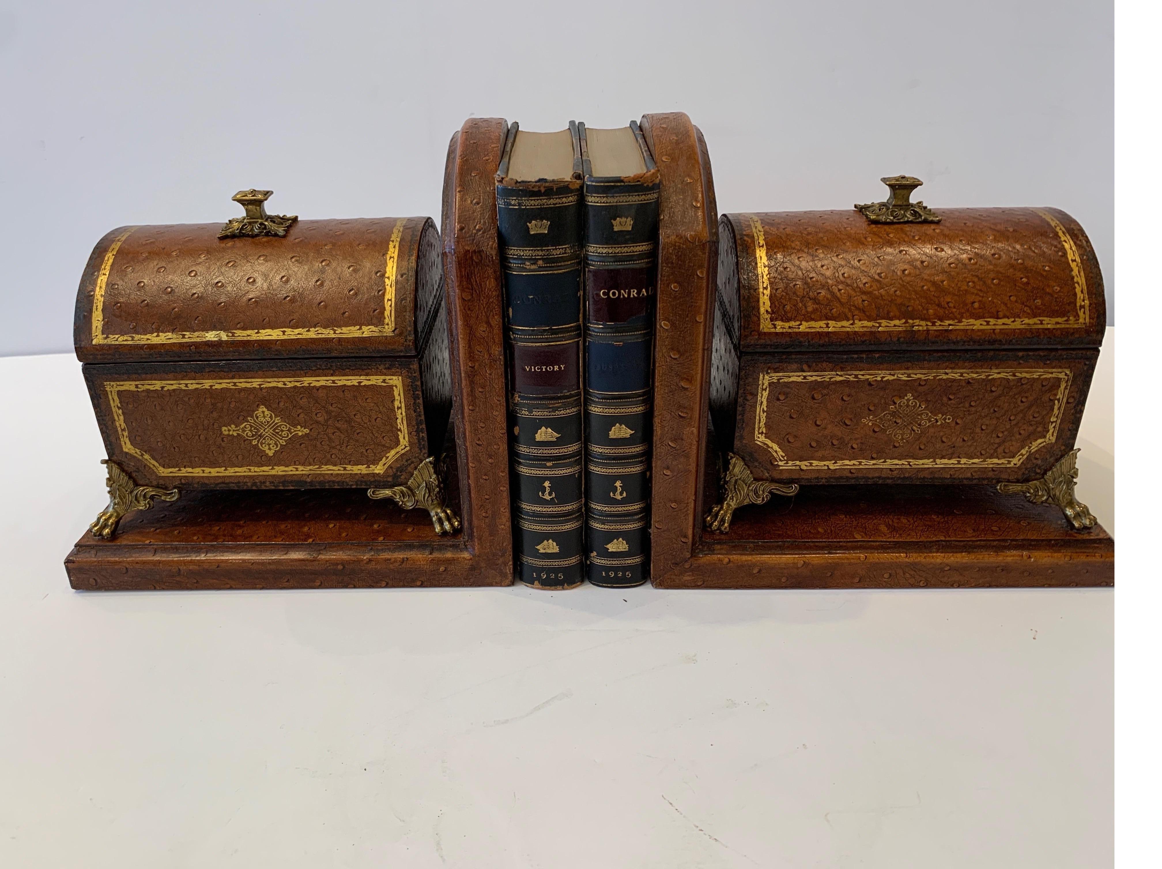 Faux Ostrich Leather Maitland Smith Bookends with Decorative Boxes That Open 8