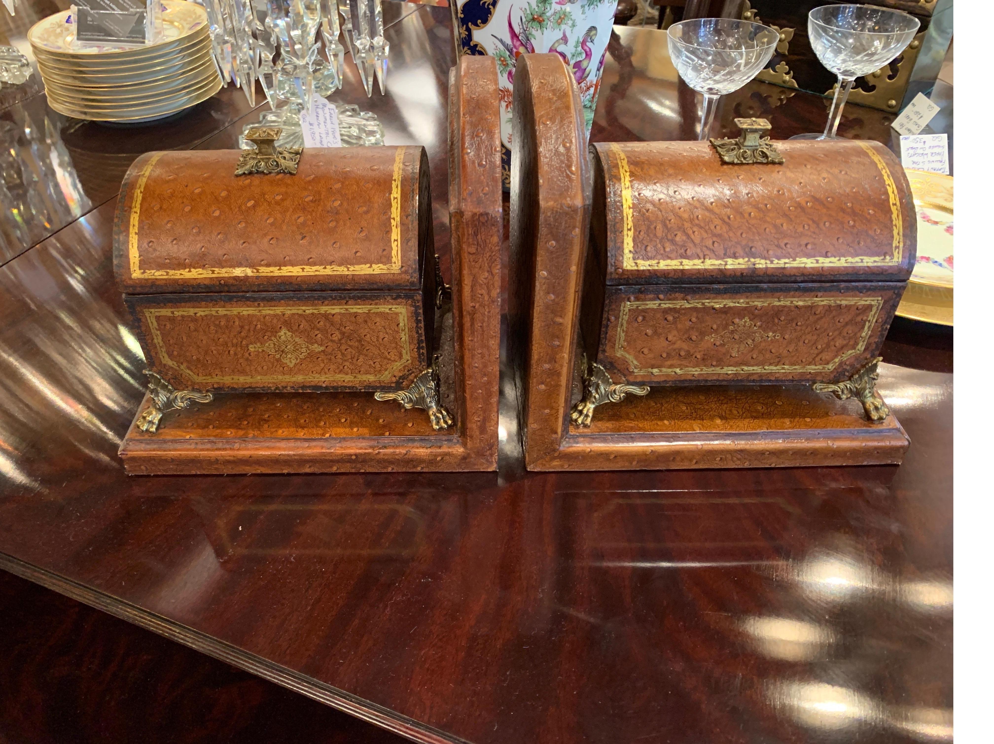 Faux Ostrich Leather Maitland Smith Bookends with Decorative Boxes That Open 10