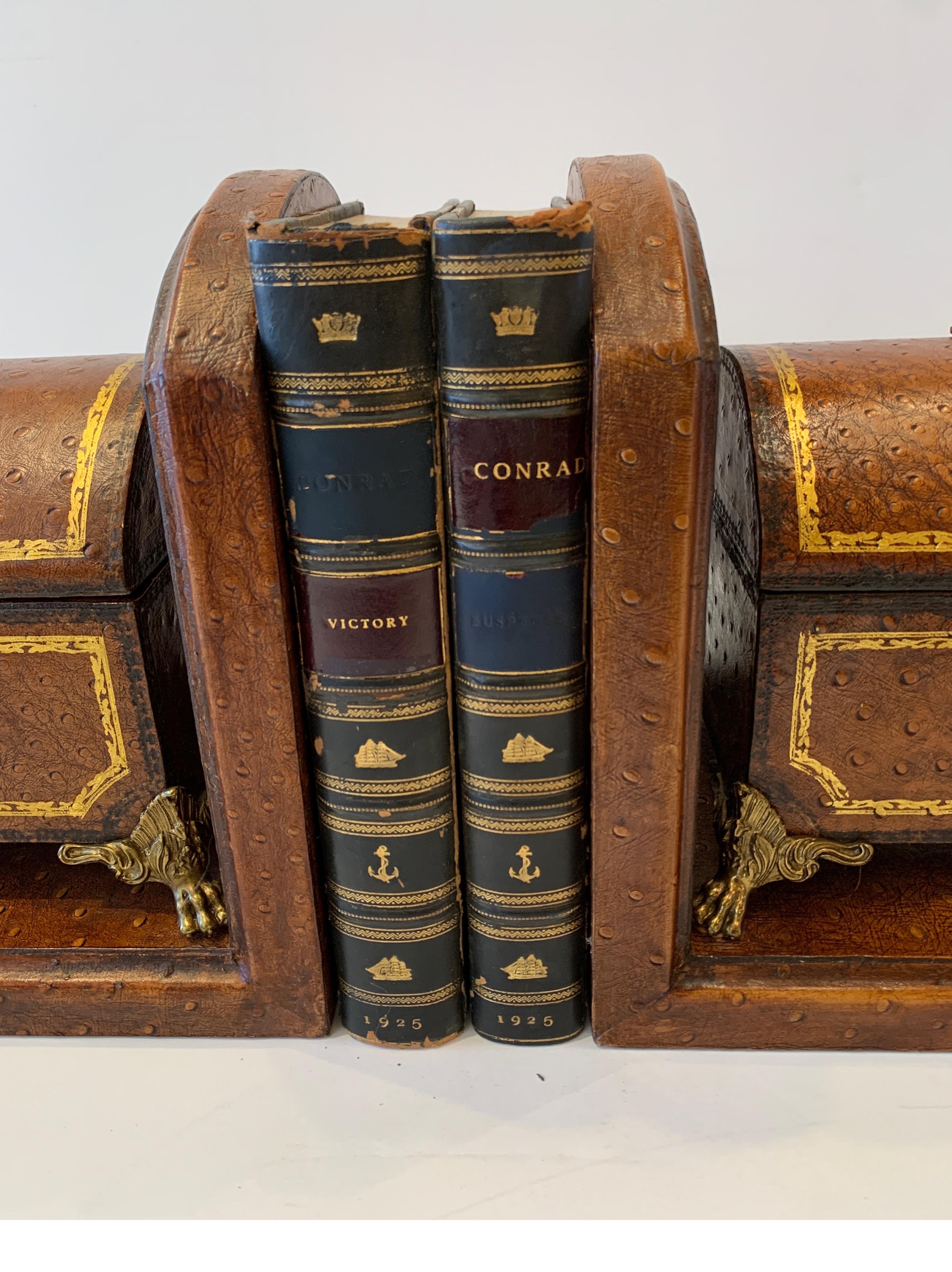 Philippine Faux Ostrich Leather Maitland Smith Bookends with Decorative Boxes That Open