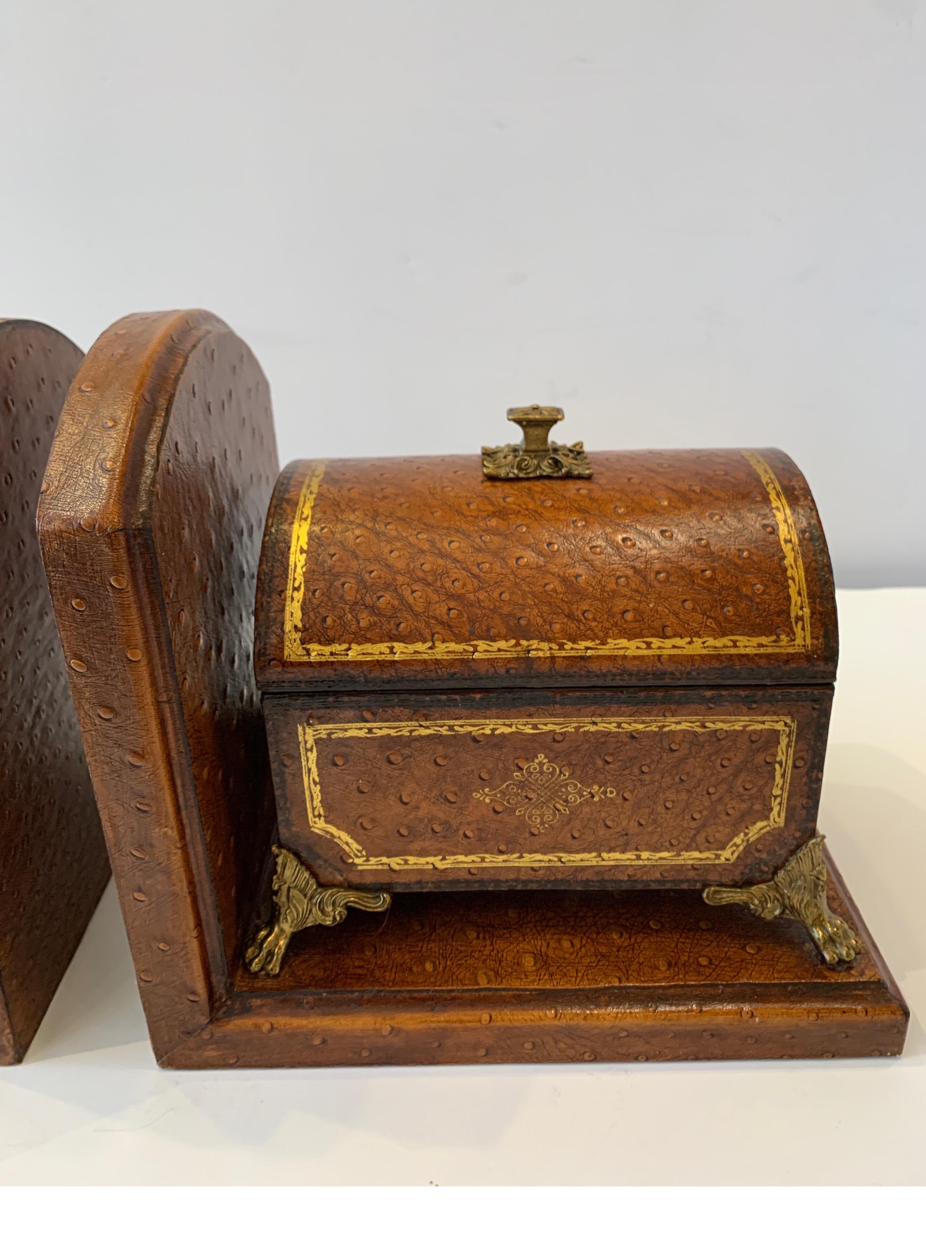 Faux Ostrich Leather Maitland Smith Bookends with Decorative Boxes That Open 1