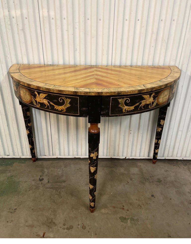 Neoclassical hand painted demi-lune console table with two drawers by Chelsea House.