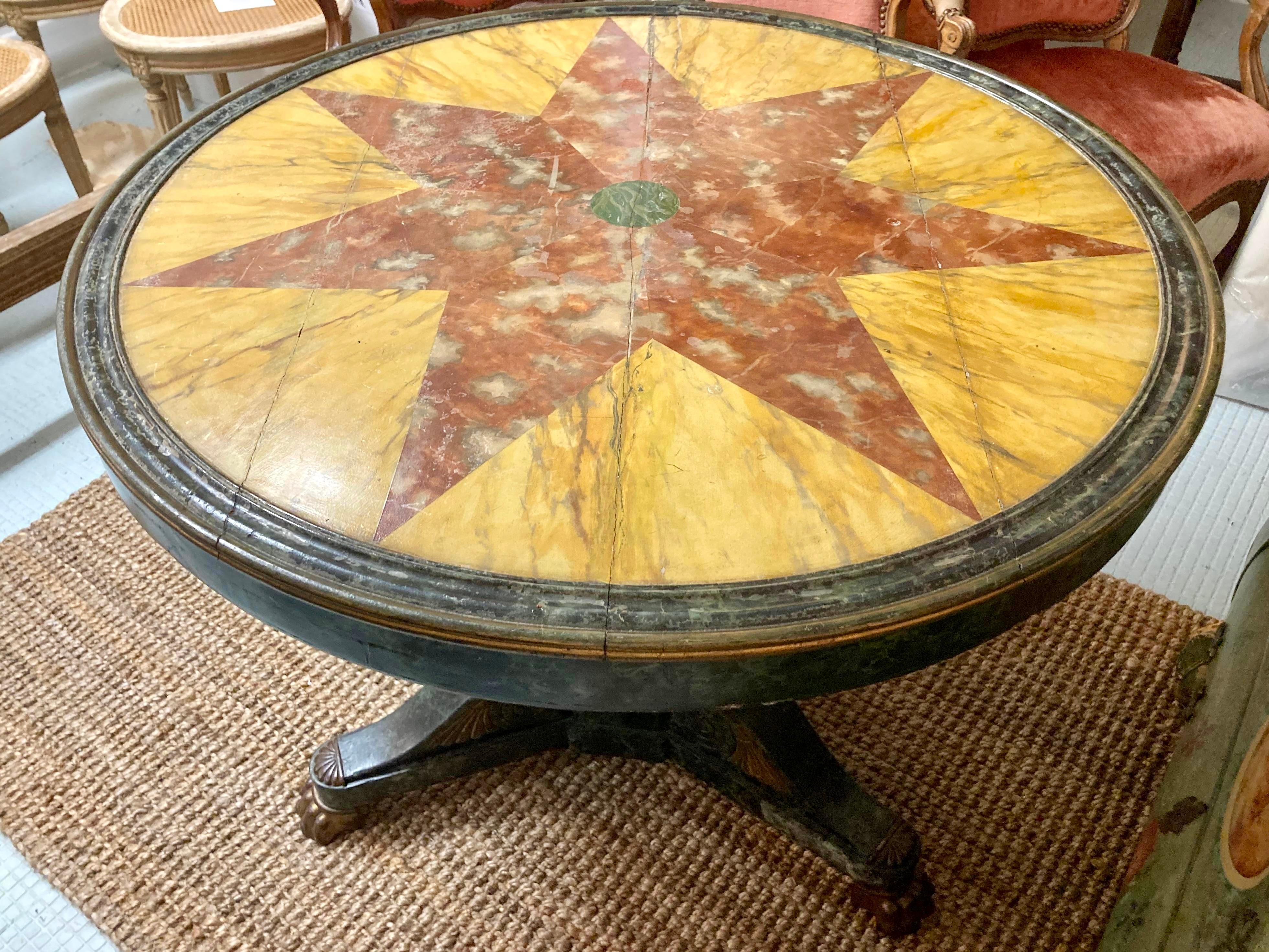Faux Painted Pietra Dura Round Wood Dining Table In Good Condition For Sale In Los Angeles, CA