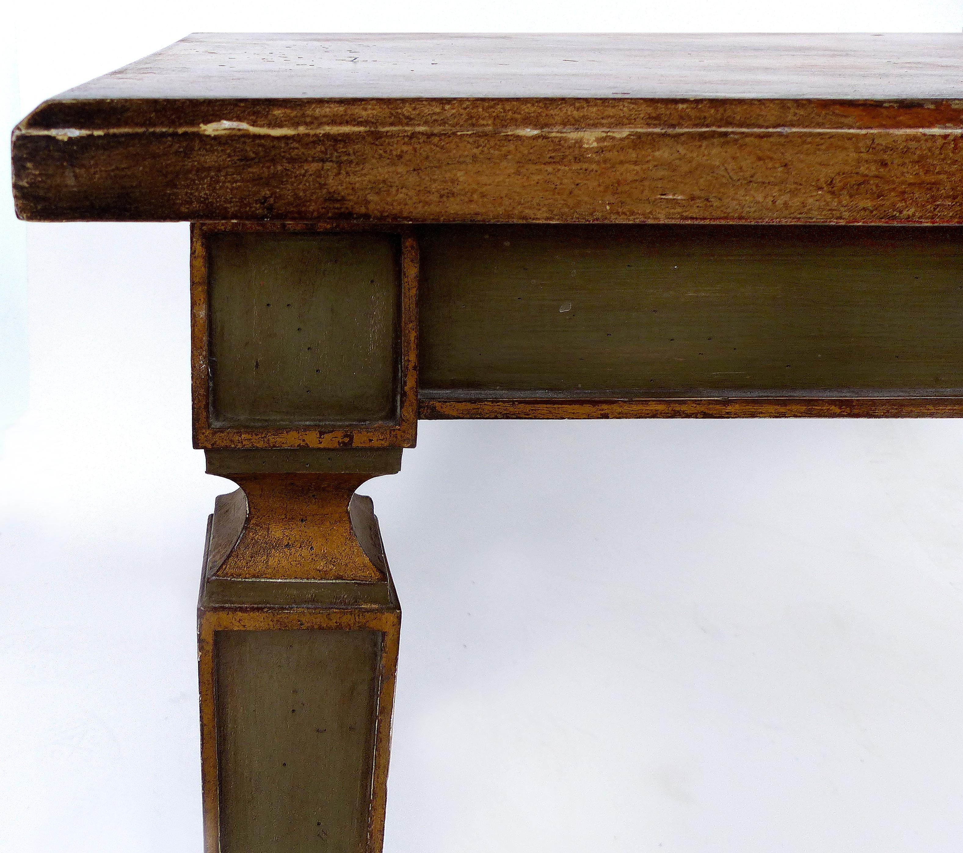 20th Century Faux Painted Writing Library Table with Green and Gilt Tapering Legs