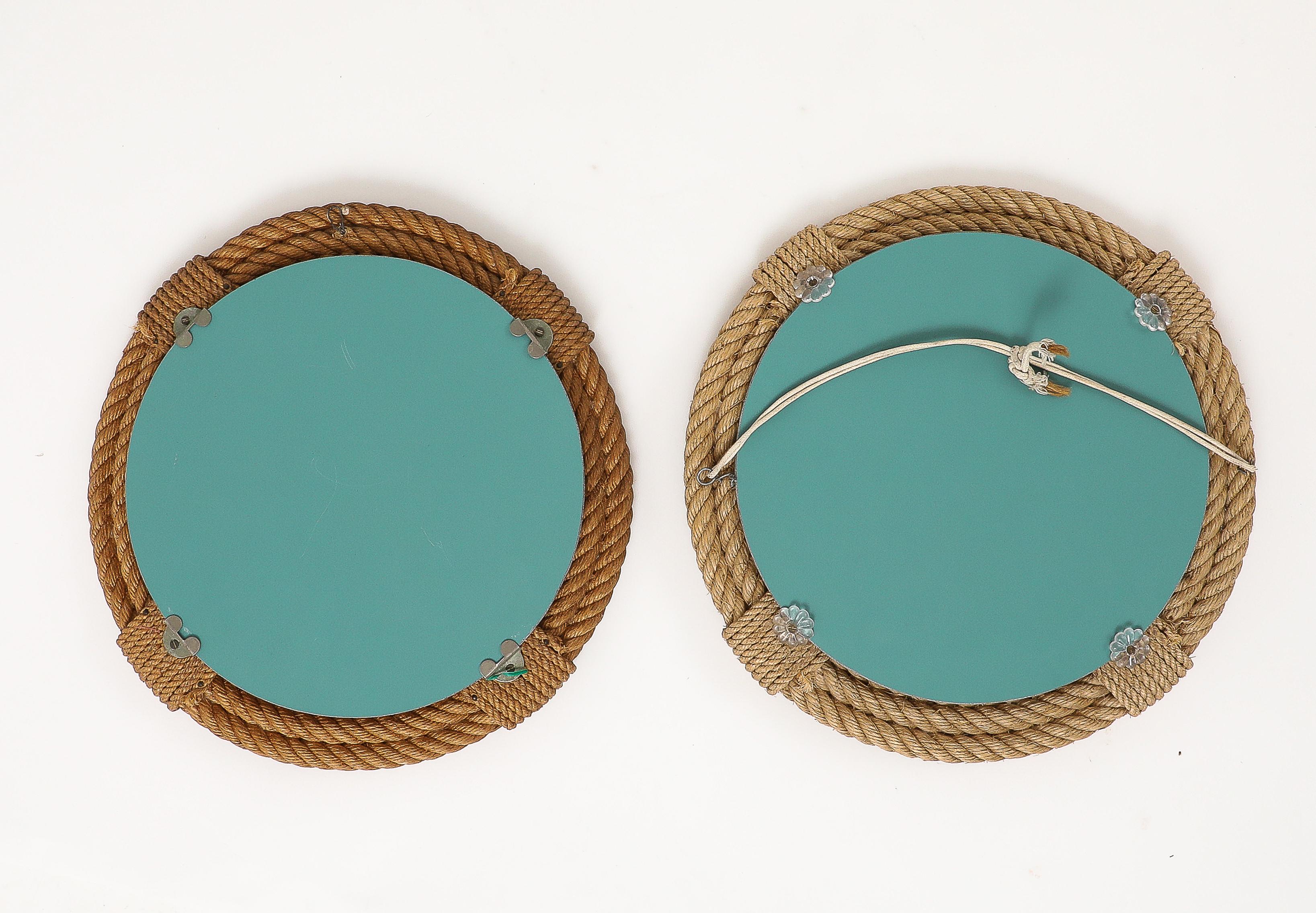 Faux Pair of Audoux Minnet Round Wall Rope Mirrors - France 1960's For Sale 8