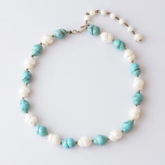 Faux Pearl and Turquoise Beaded Choker Necklace By Trifari, 1950s