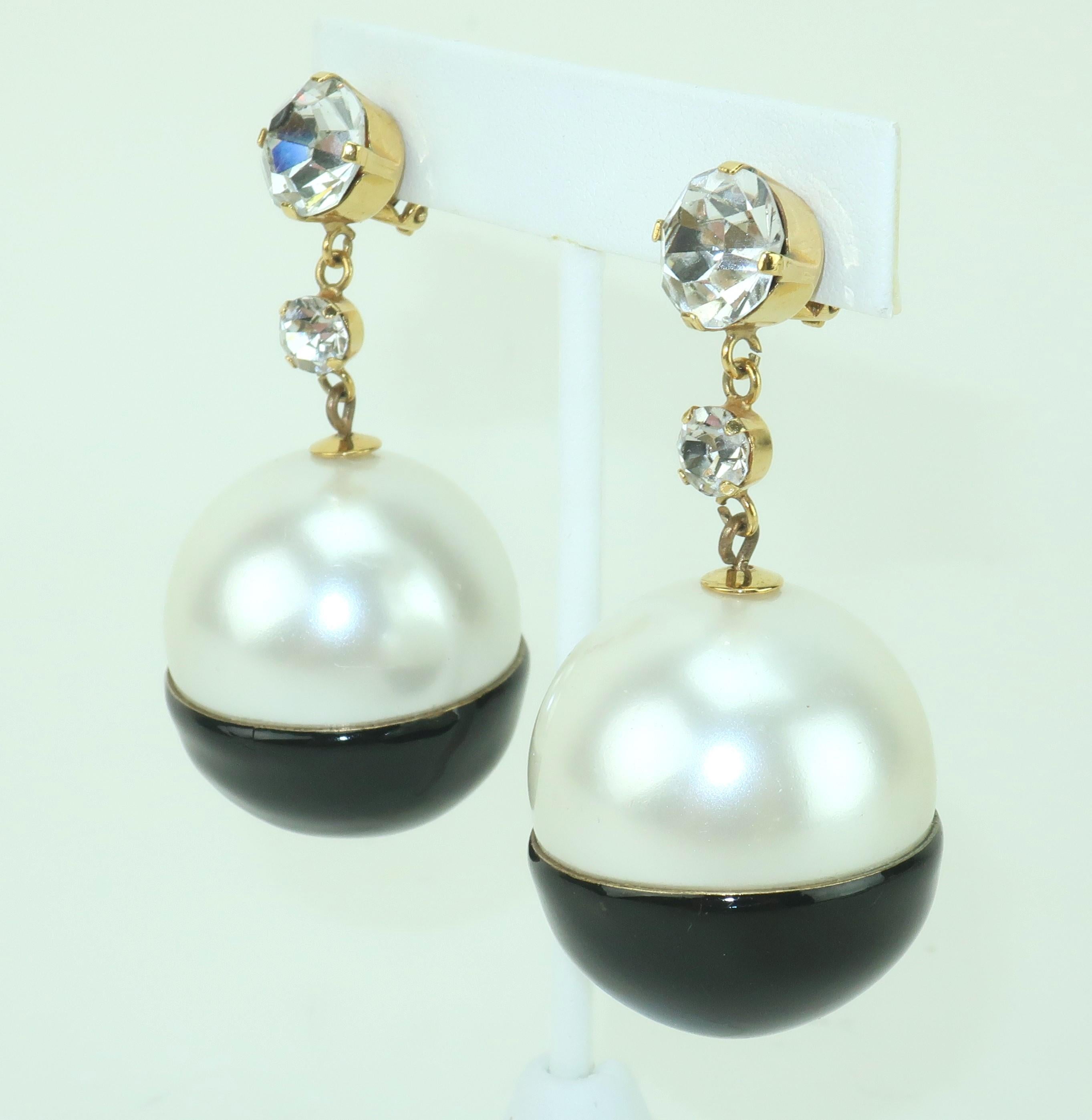 Modern Faux Pearl, Black Enamel & Rhinestone Dangle Earrings, C.1980 For Sale
