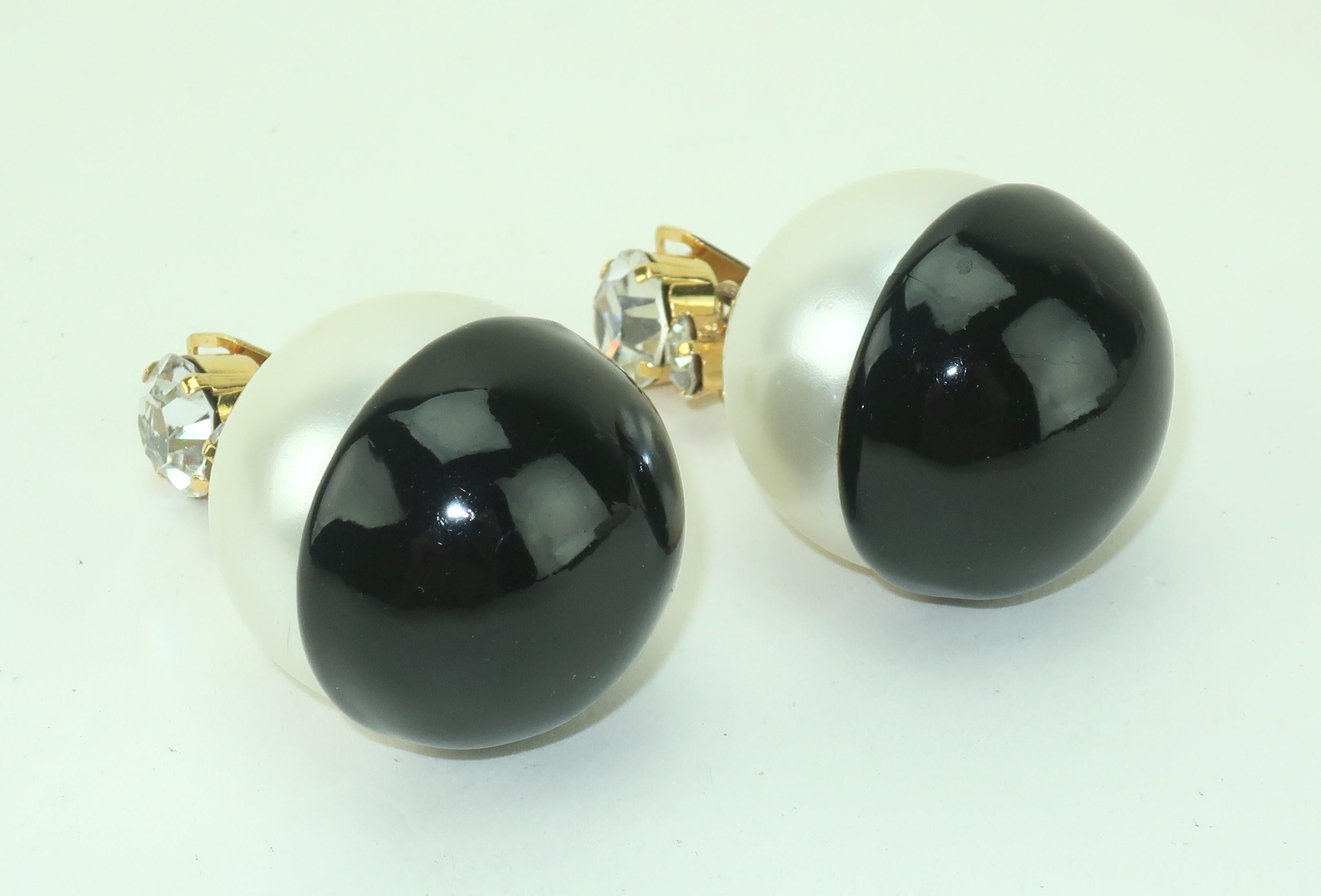 Women's Faux Pearl, Black Enamel & Rhinestone Dangle Earrings, C.1980 For Sale