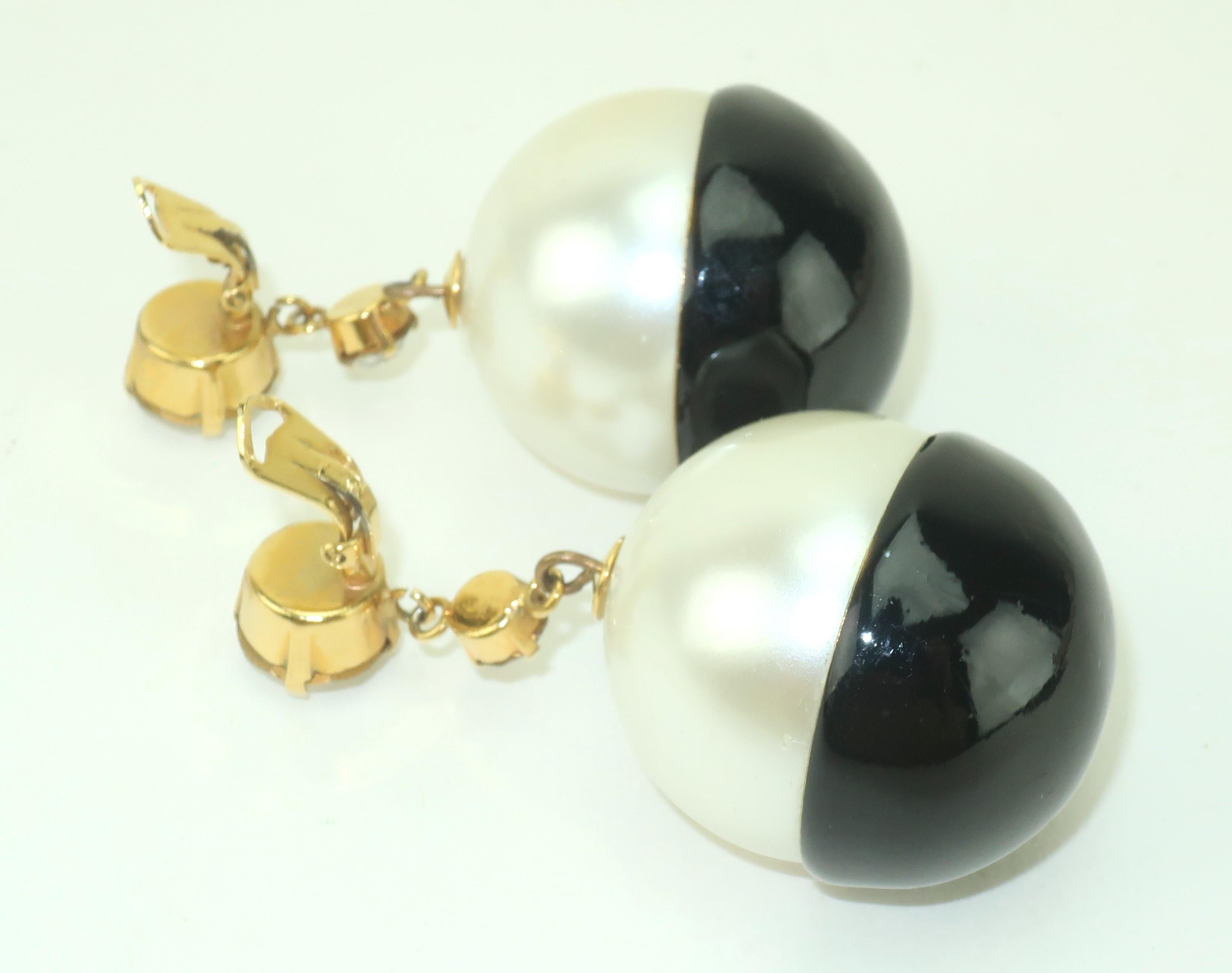 Faux Pearl, Black Enamel & Rhinestone Dangle Earrings, C.1980 1