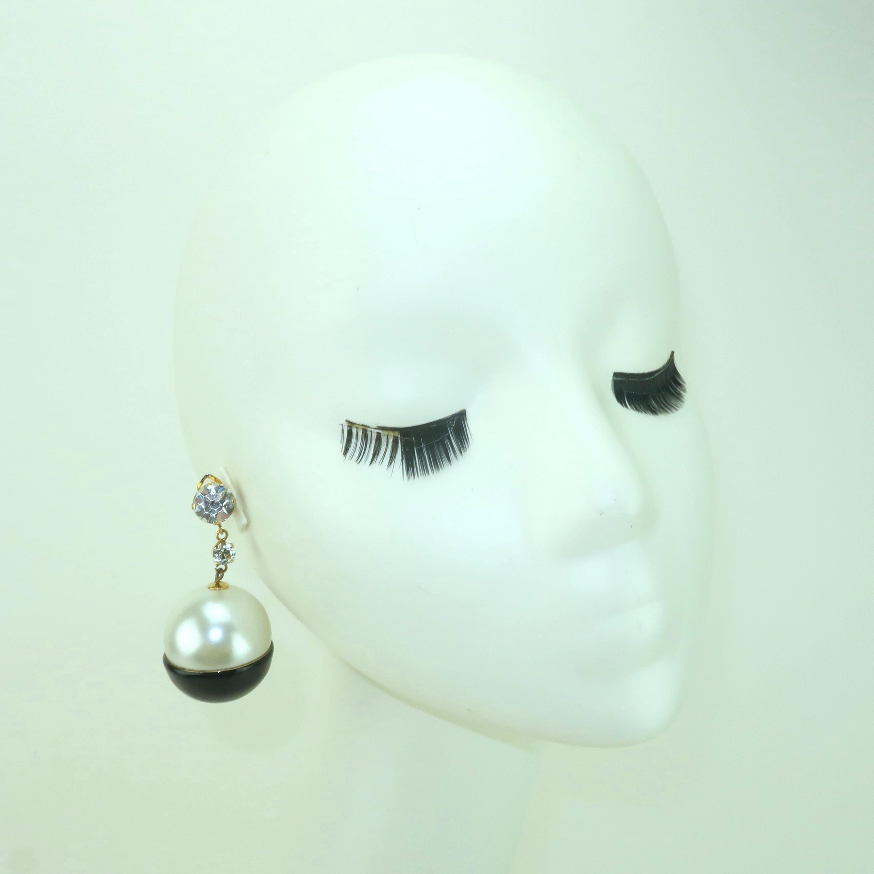 Faux Pearl, Black Enamel & Rhinestone Dangle Earrings, C.1980 2