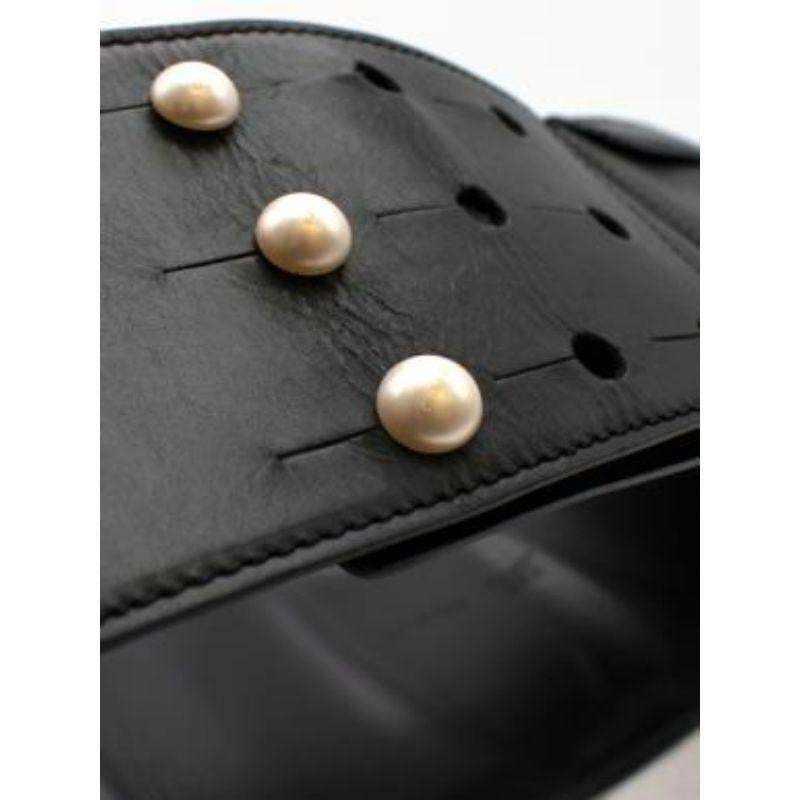 Women's Faux Pearl Black Leather Logo Waist Belt For Sale