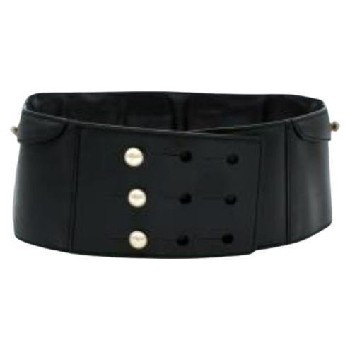 Faux Pearl Black Leather Logo Waist Belt For Sale
