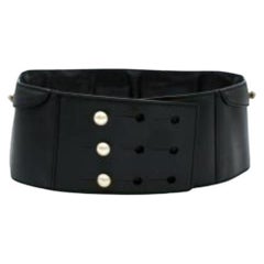 Faux Pearl Black Leather Logo Waist Belt
