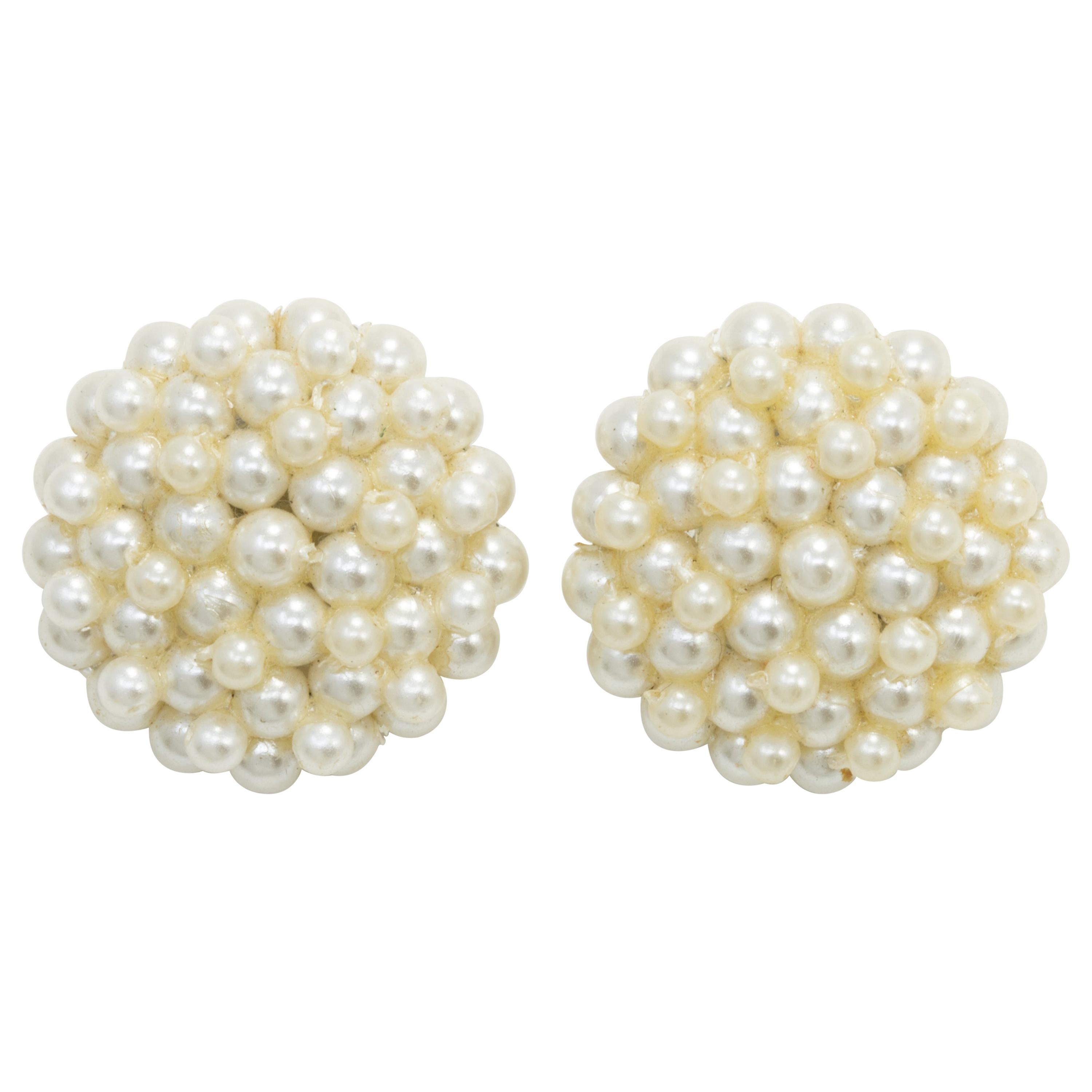 Faux Pearl Cluster Round Earrings, Mid 1900s Statement Clip Ons