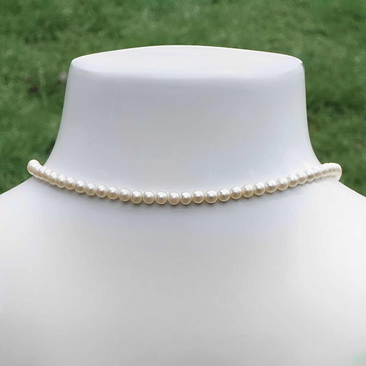 Women's or Men's Faux Pearl Necklace with a Blue Stone, Silver and Gold Wash Pendant Clasp For Sale