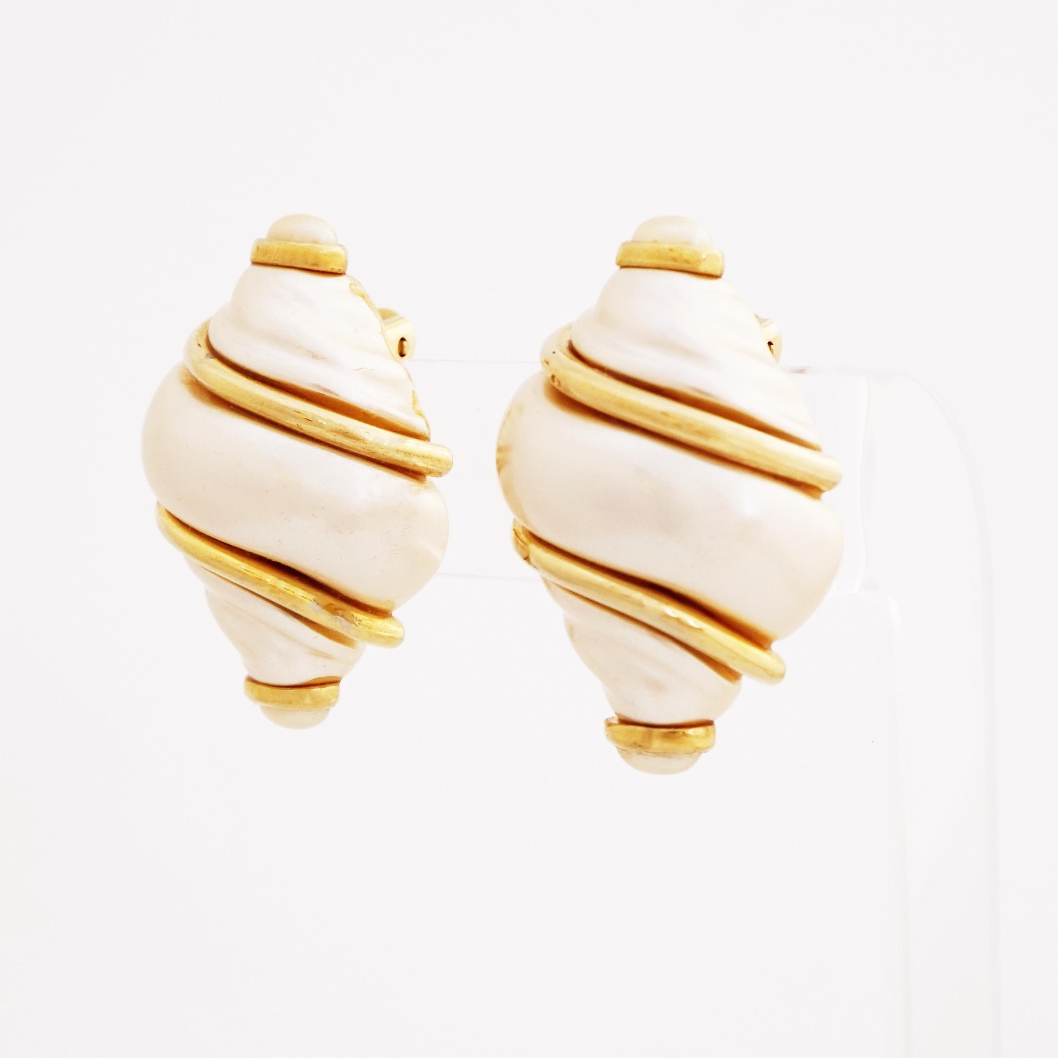 Modern Faux Pearl Oversized Shell & Gold Detail Statement Earrings, 1980s For Sale