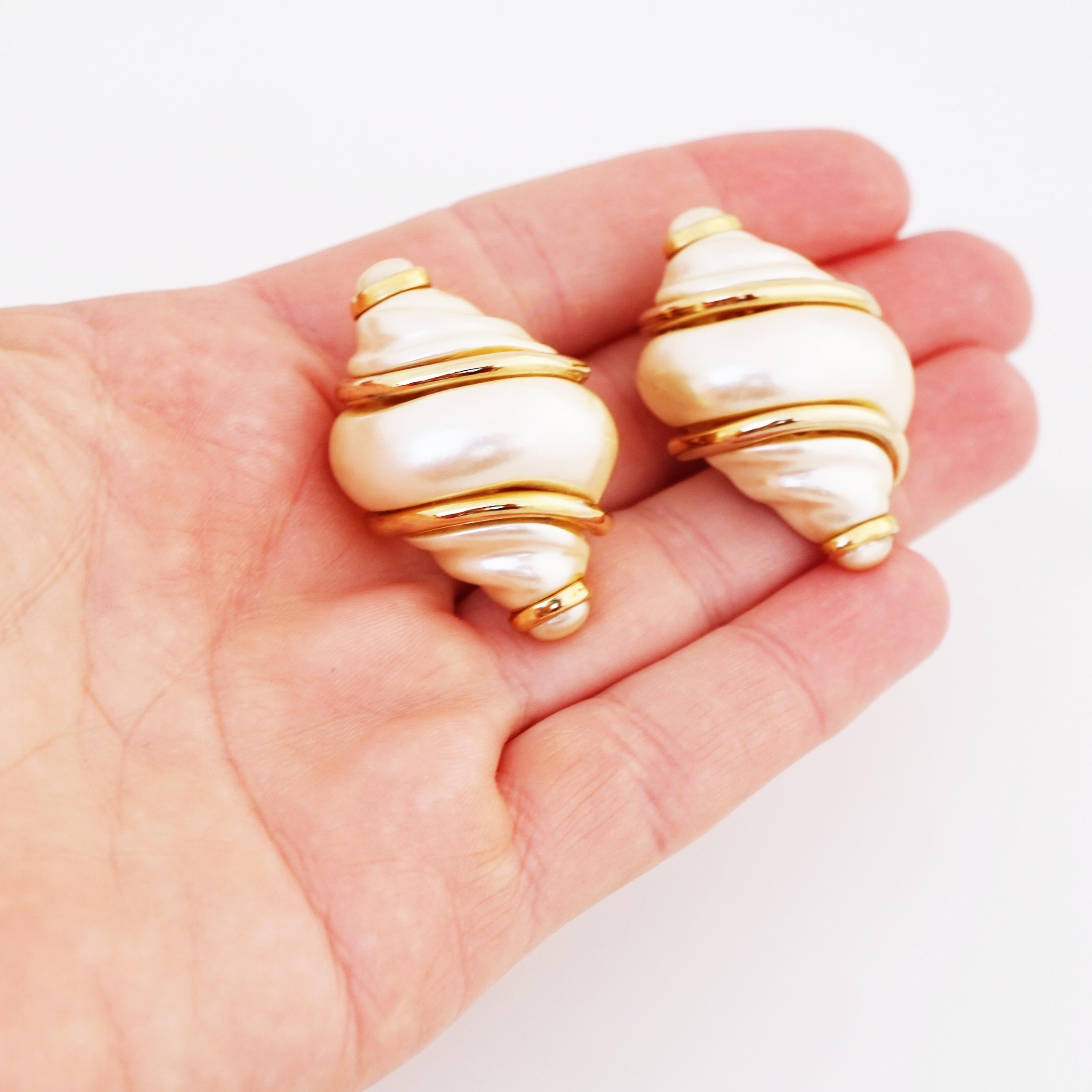 Faux Pearl Oversized Shell & Gold Detail Statement Earrings, 1980s For Sale 1