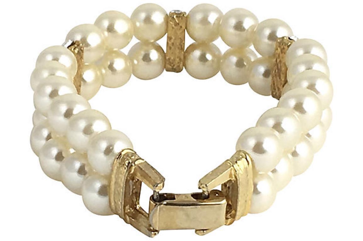 Faux Pearl Strass Doppel Stand Armband im Angebot 1
