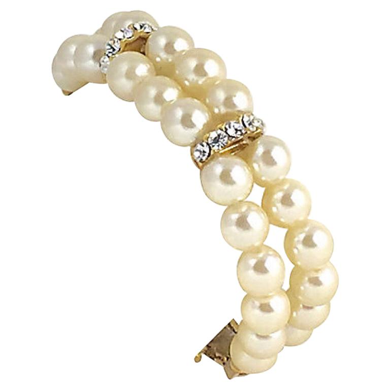 Faux Pearl Rhinestone Double Stand Bracelet For Sale
