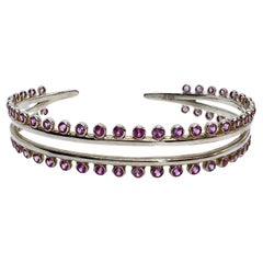 Pink Zircon Split Double Band Silver Cuff Bracelet, in Stock