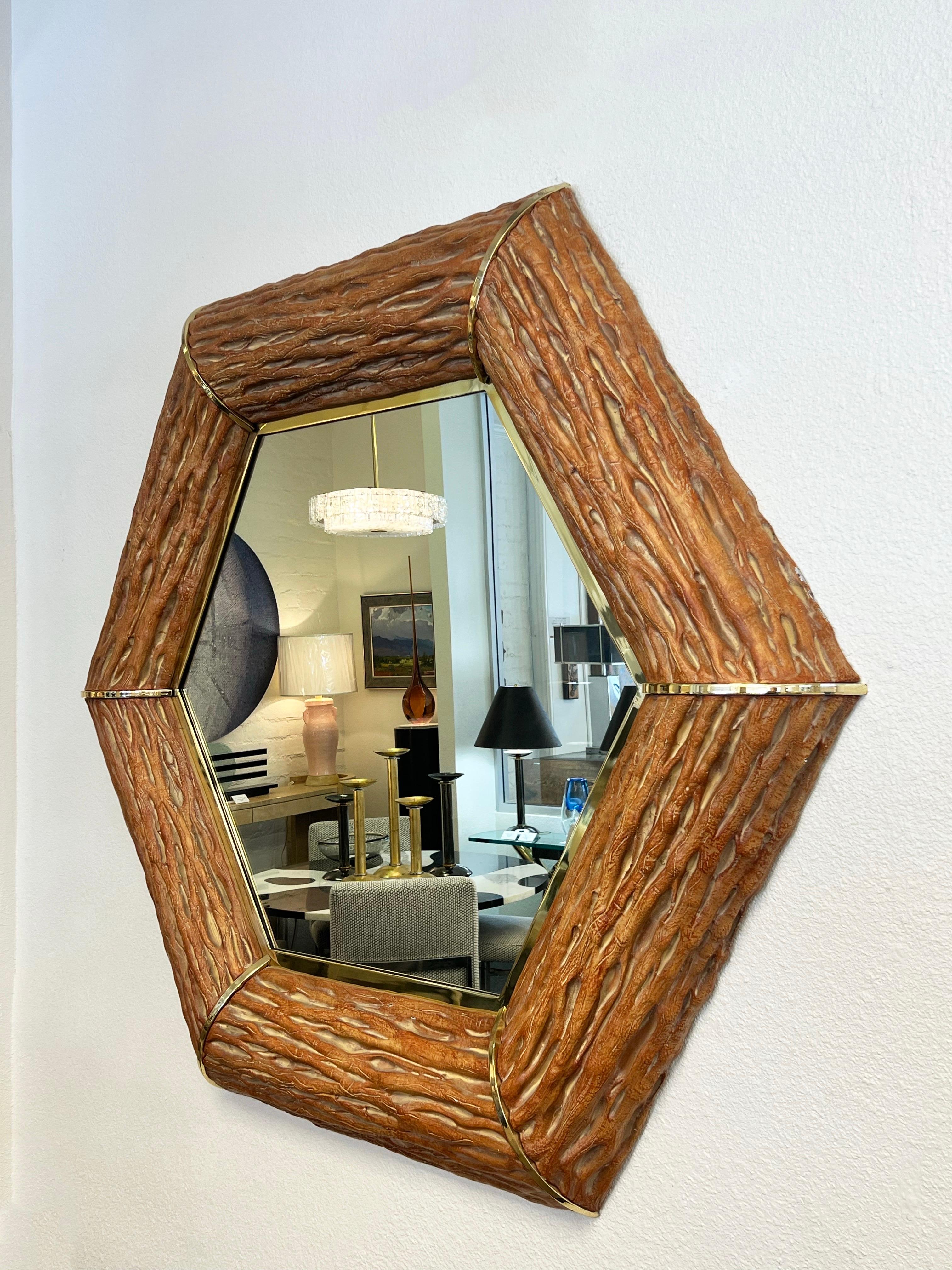 Modern Faux Saguaro and Brass Hexagonal Shape Wall Mirror  For Sale