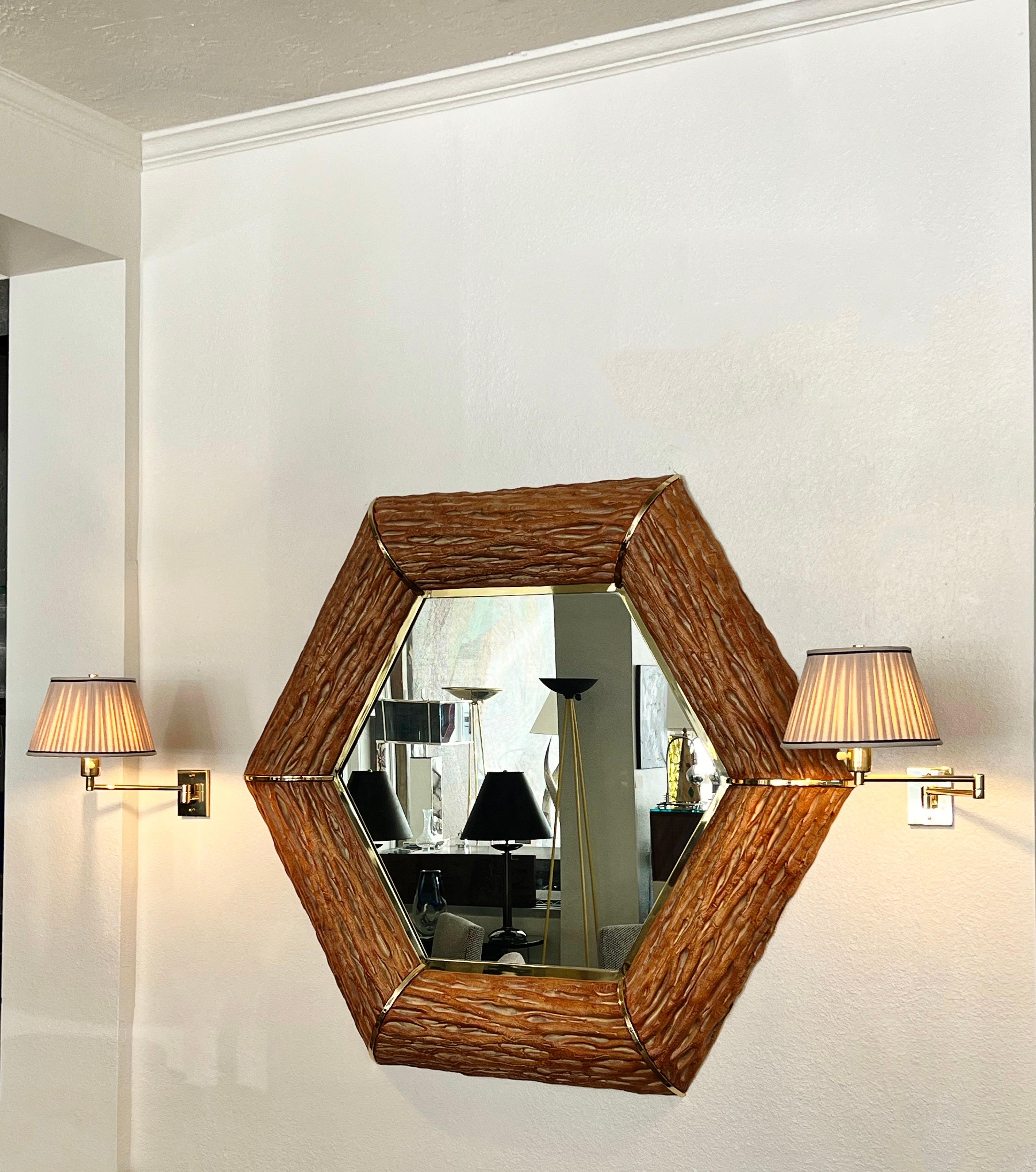 Faux Saguaro and Brass Hexagonal Shape Wall Mirror  In Good Condition For Sale In Palm Springs, CA