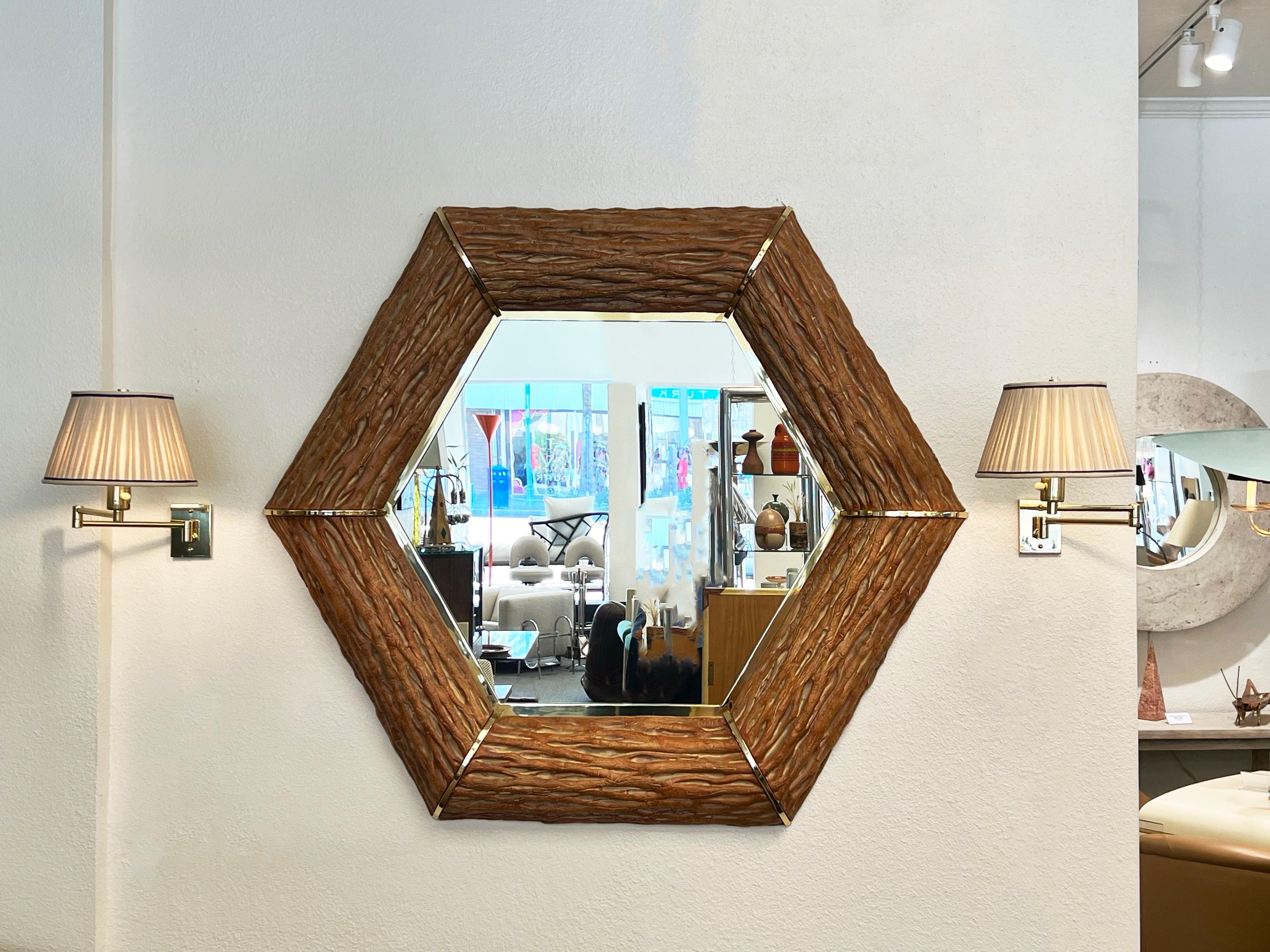 Late 20th Century Faux Saguaro and Brass Hexagonal Shape Wall Mirror  For Sale