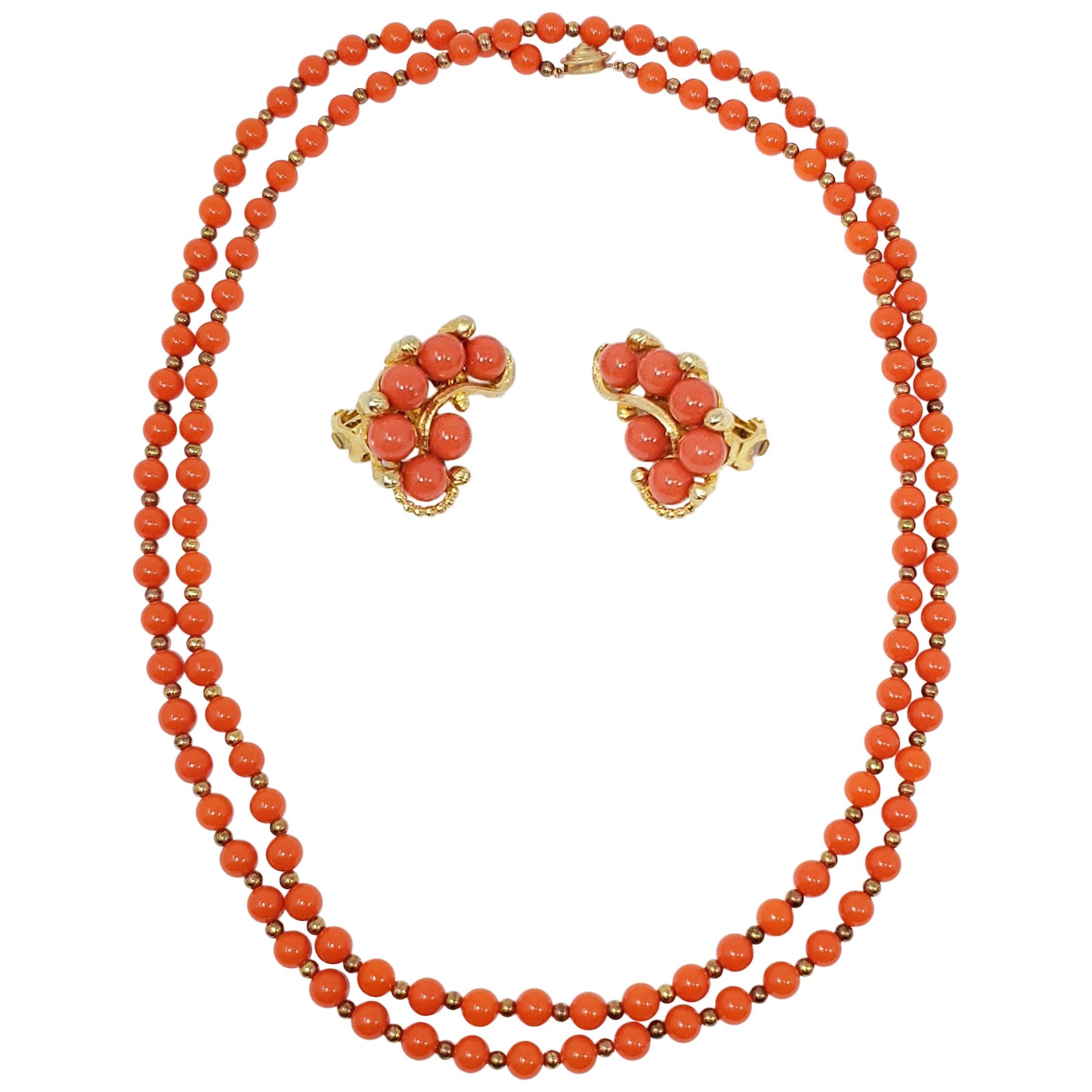 Faux Salmon Coral Bead Rope Necklace and Clip on Earrings in Gold, Mid 1900s