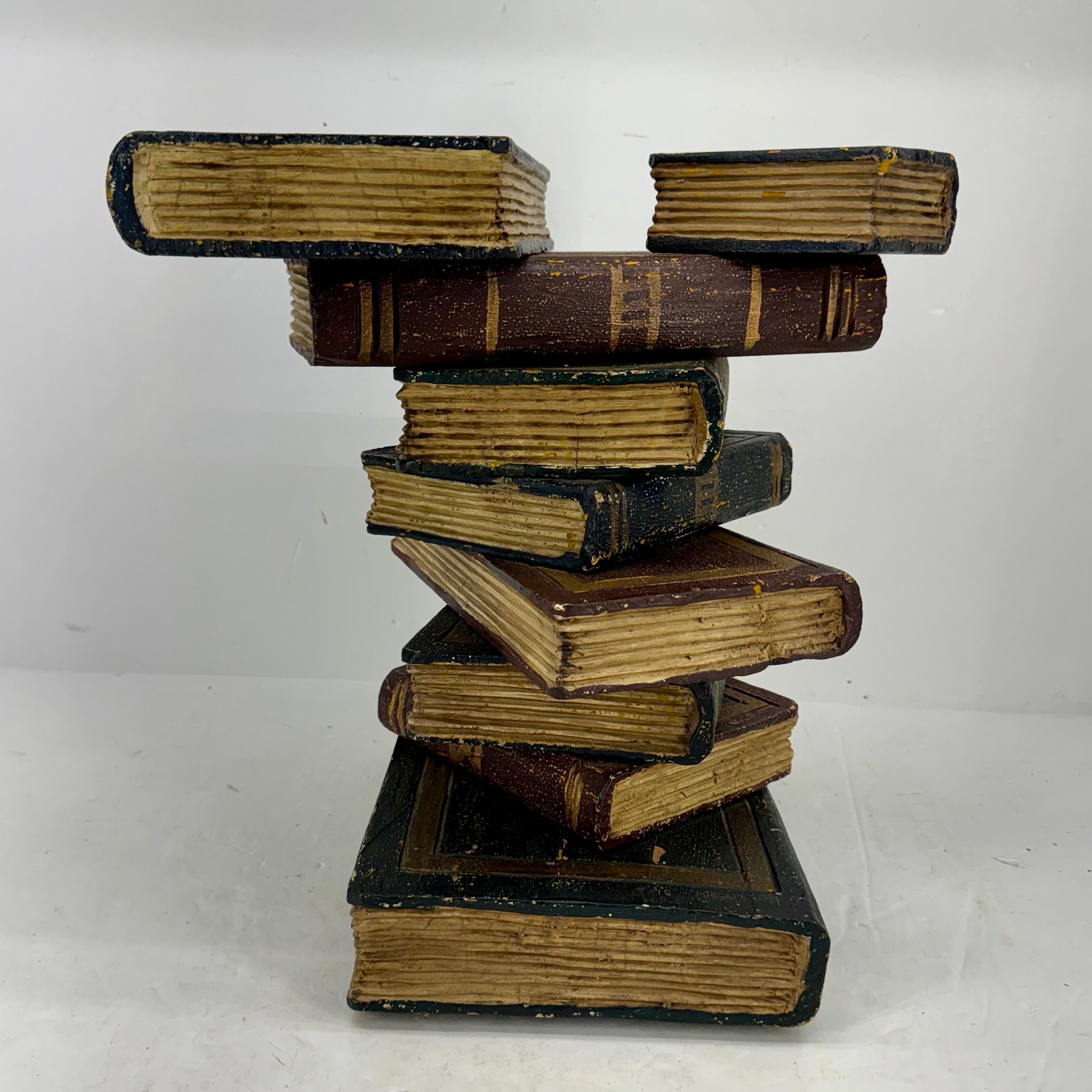 Mid-Century Modern Faux Sculpture of Stacked Books Wood Side Table