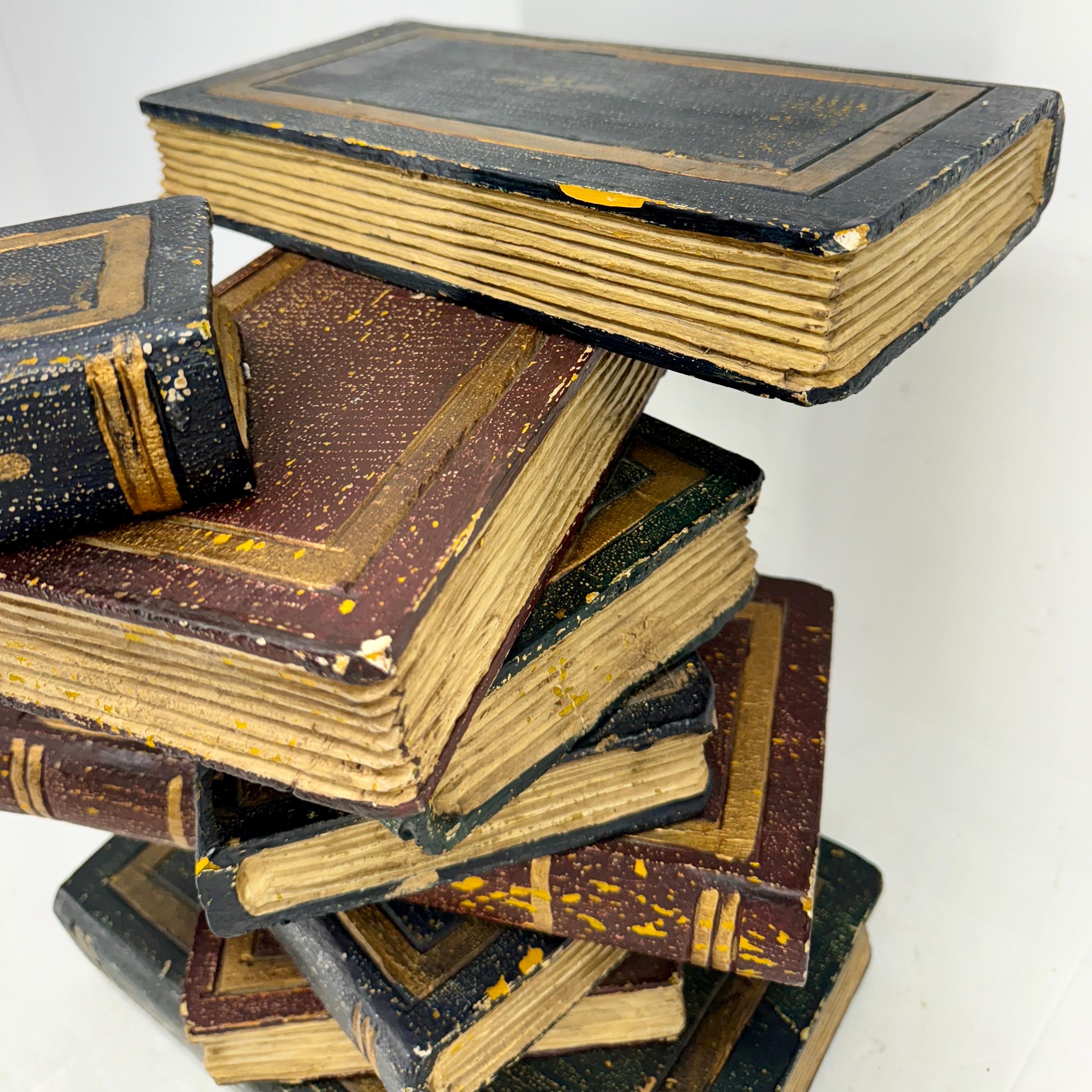 European Faux Sculpture of Stacked Books Wood Side Table