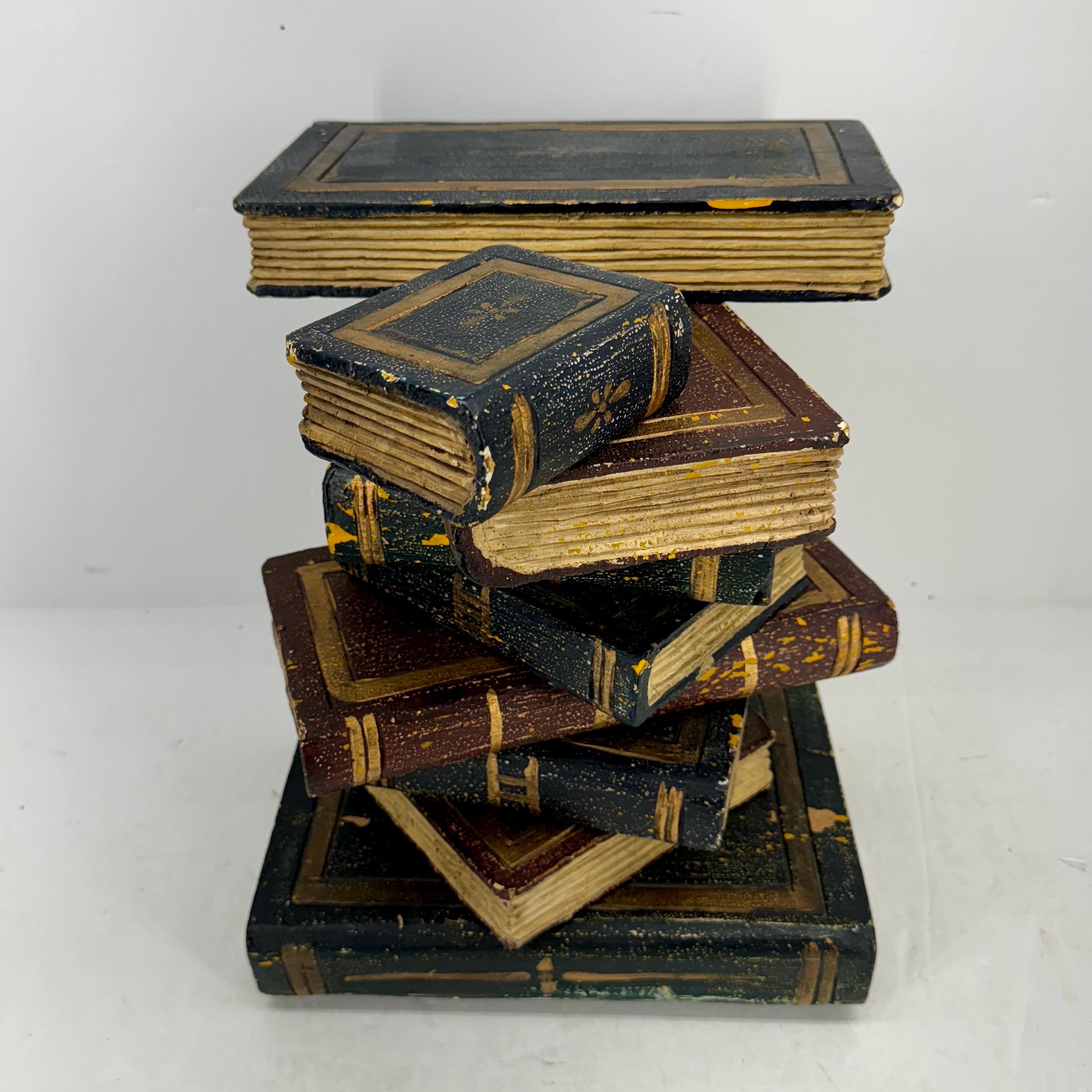 Hand-Crafted Faux Sculpture of Stacked Books Wood Side Table