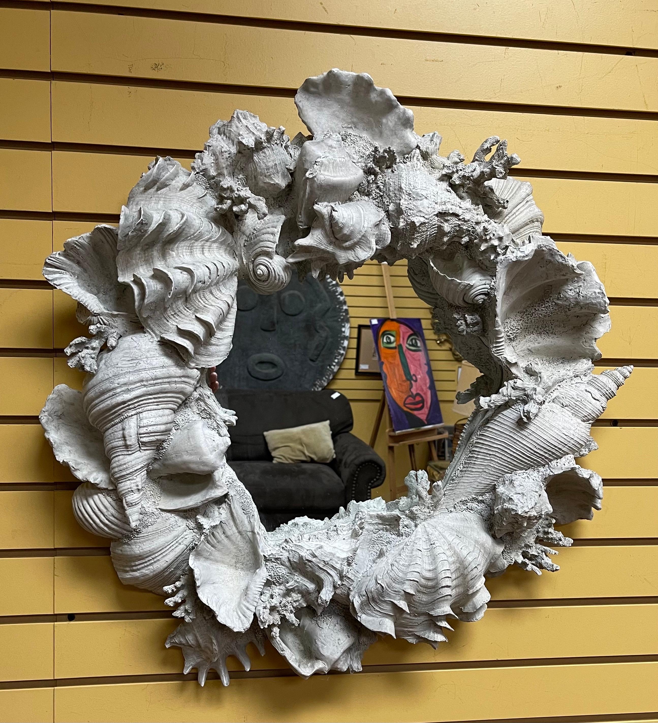 Faux Seashell Encrusted Mirror in Molded Fiberglass In Good Condition In San Diego, CA