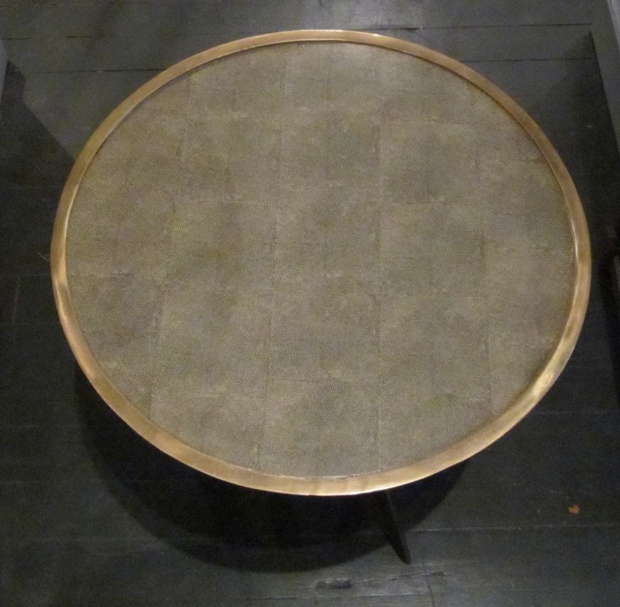 Chinese Faux Shagreen and Brass Round Cocktail or Side Table, Contemporary
