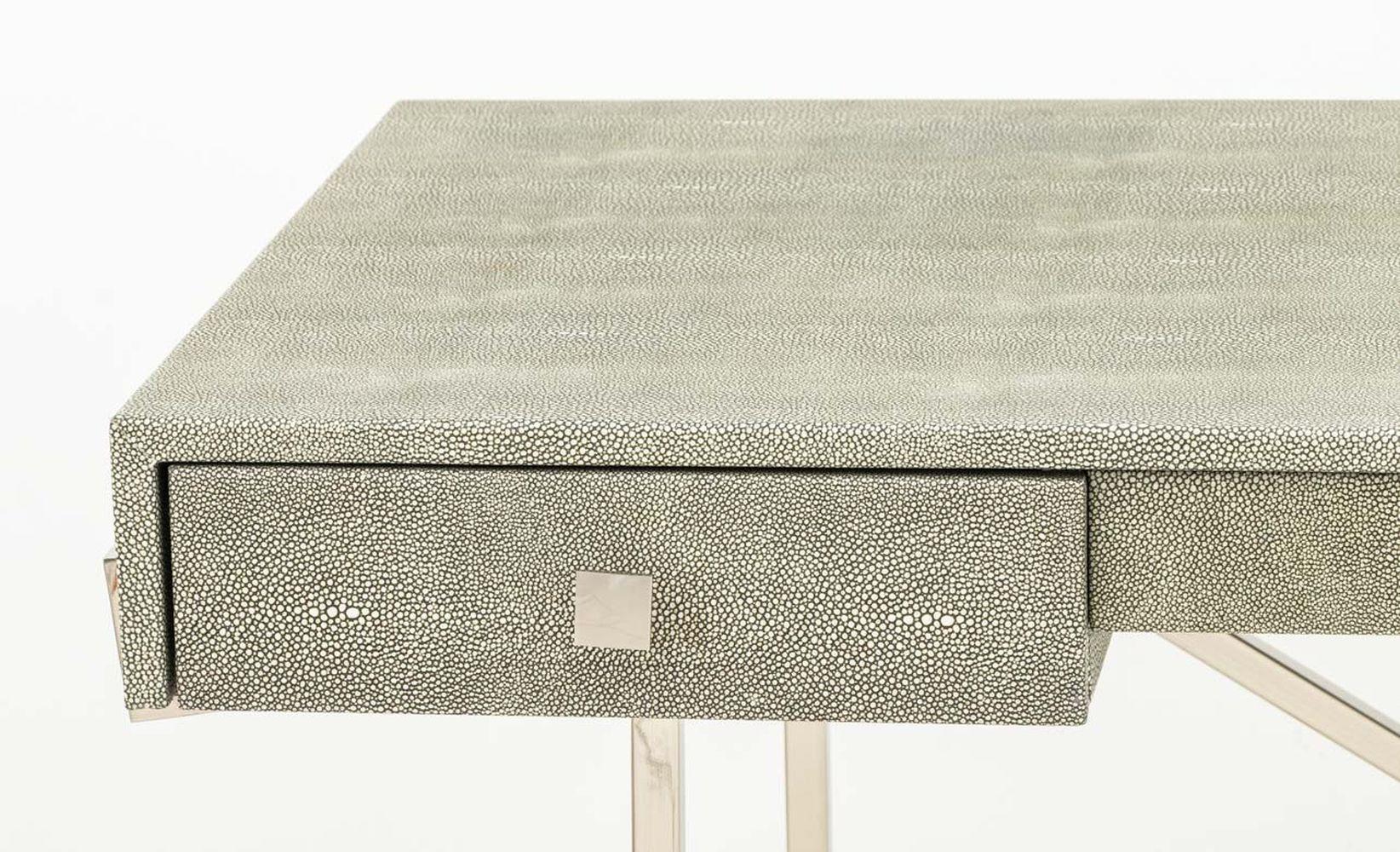 Faux Shagreen and Chrome Desk, with central long drawer flanked by two short drawers, CB2 label to underside. 30