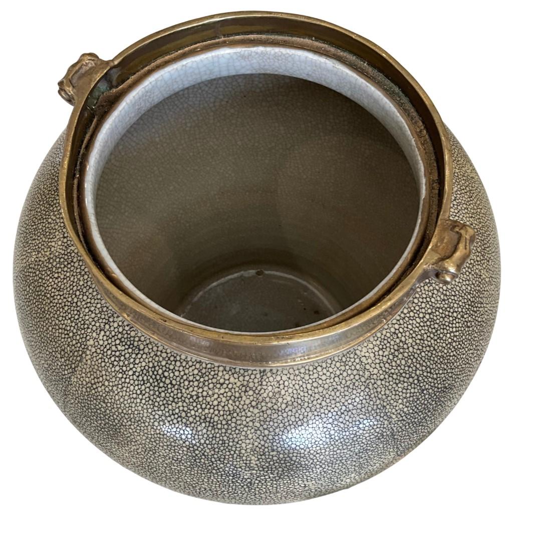 Brass Faux Shagreen Ceramic Container with Lid For Sale
